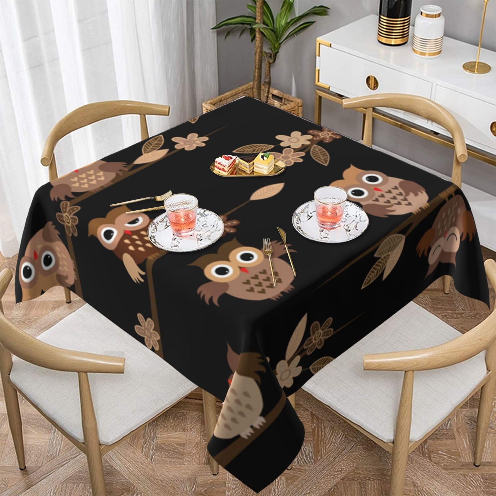 DCEHGEW Cute Brown Cartoon Owls Prints Square Tablecloth 137x137 CM, Waterproof Fabric Table Cloth for Dining Table, Farmhouse Table Cover for Kitchen Dining Tabletop Decoration
