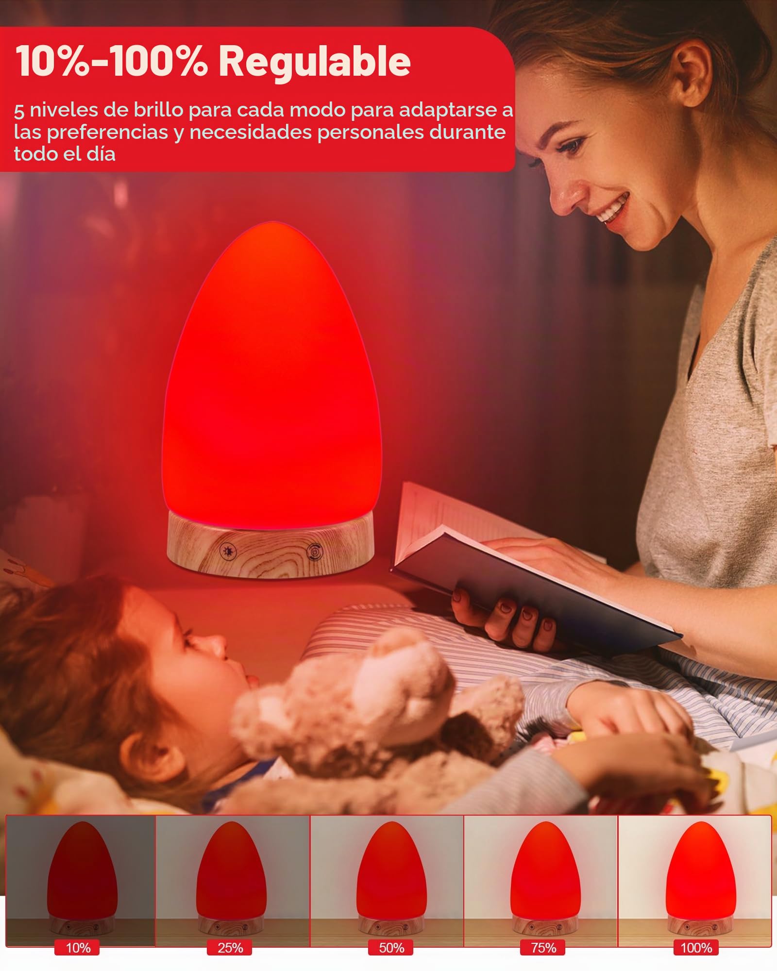 Aoife Lámpara de luz nocturna roja para dormir, lámpara de escritorio roja con longitud de onda de 670 nm, multicolor y opciones de brillo, control remoto, carga USB, diseño elegante