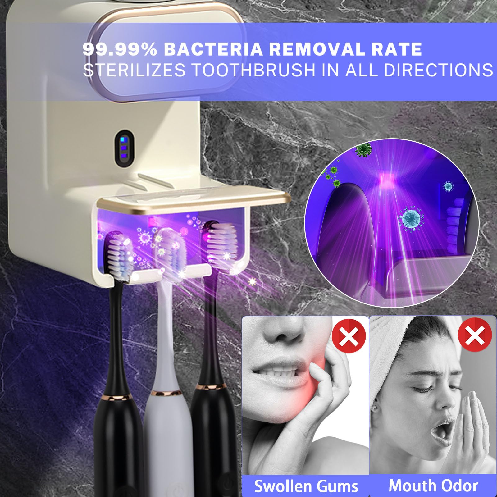 Dispensador automático de pasta de dientes, dispensador inteligente de pasta de dientes montado en la pared con 3 ranuras para pasta de dientes, soporte para cepillo de dientes eléctrico, exprimidor