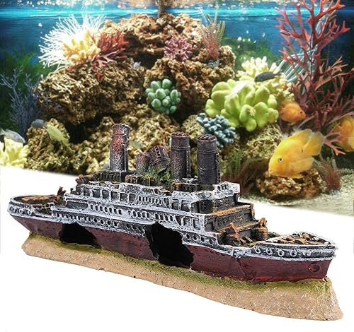 Miniatura 2 de Zerodis Decoración de naufragios de acuario, adorno de barco destrozado del Titanic Lost Wrecked Boat Ship Ornament Artificial Hide House Fish