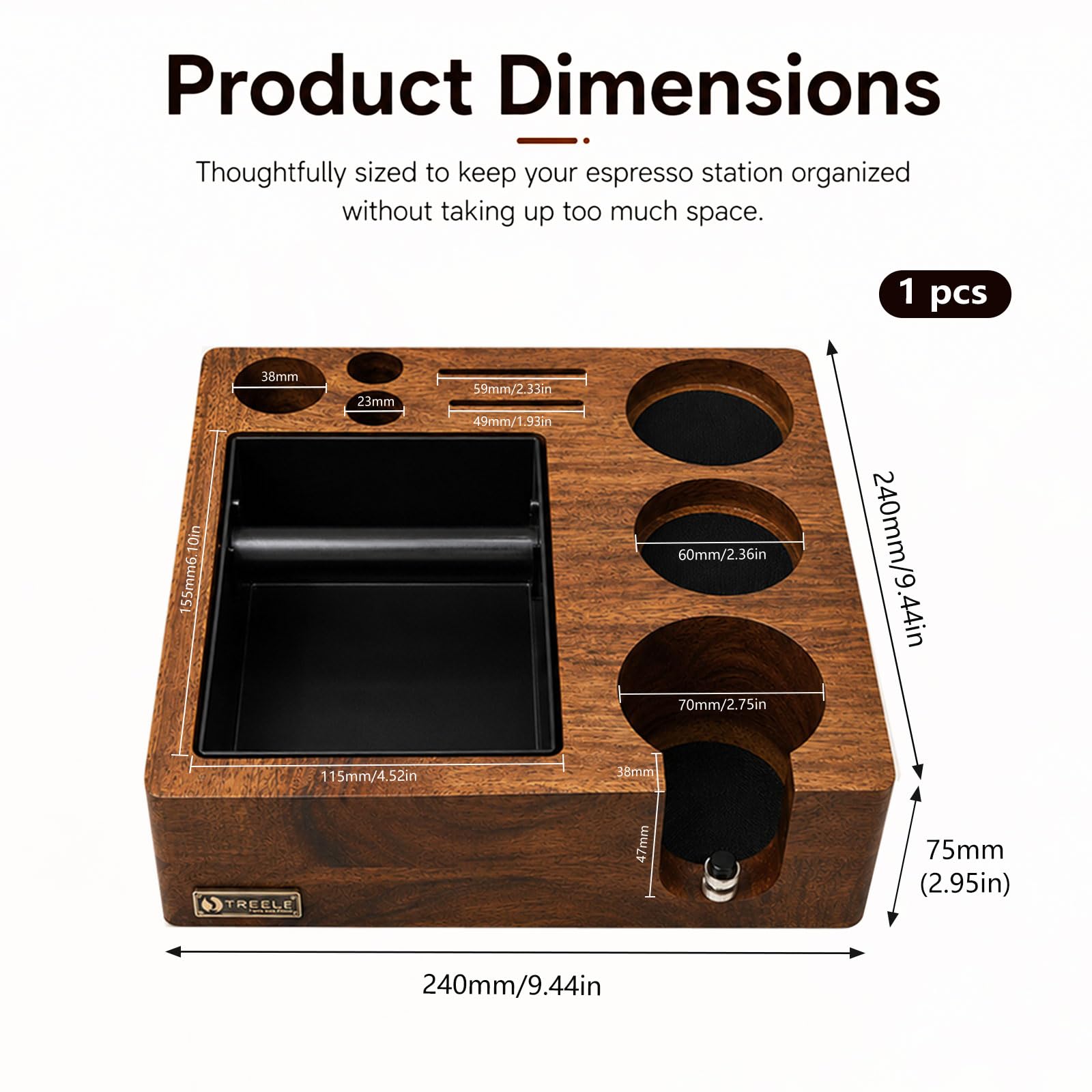Espresso Tamperstation 58 mm z knock Box, z drewna orzecha włoskiego | Stacja tampingowa do espresso, stacja barista do ubijania z pojemnikiem, do sitka, tampera, rozdzielacza, sitka