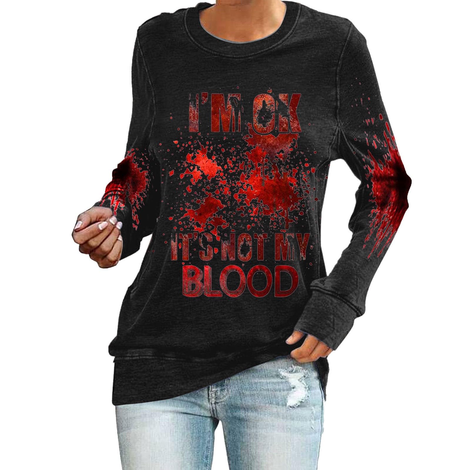 Funny Blood Print Pullover Men I'M Ok It'S Not My Blood Horror Cool Crewneck Shirt Top Coat Women's Halloween Hoodies Casual Long Sleeve Sweatshirt