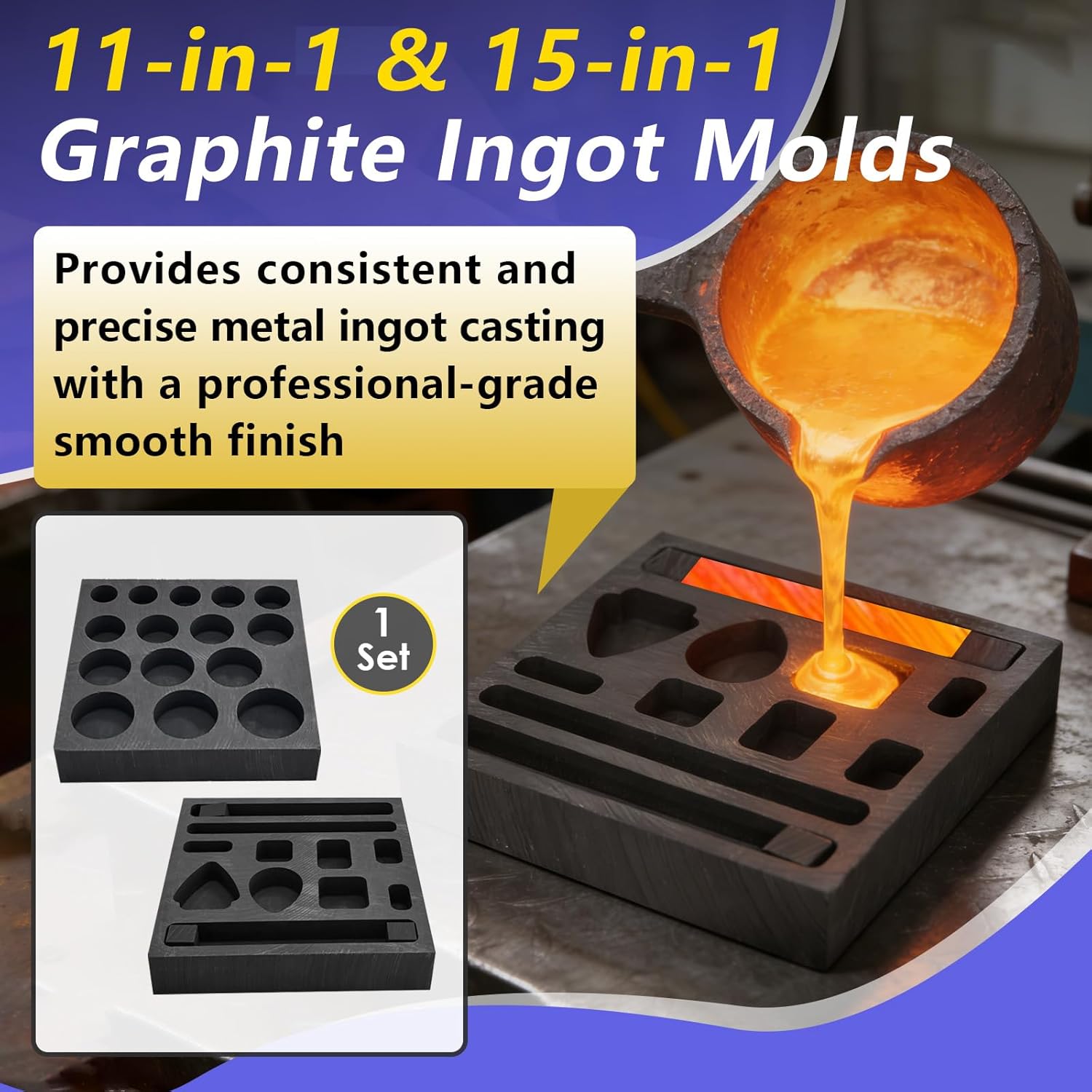 11-in-1 & 15-in-1 Graphite Ingot Molds, 11 Holes-A & 15 Holes Metal Ingot Molds Set for DIY Casting Gold, Silver, Aluminum Copper and Brass (with Two Different Graphite Molds)