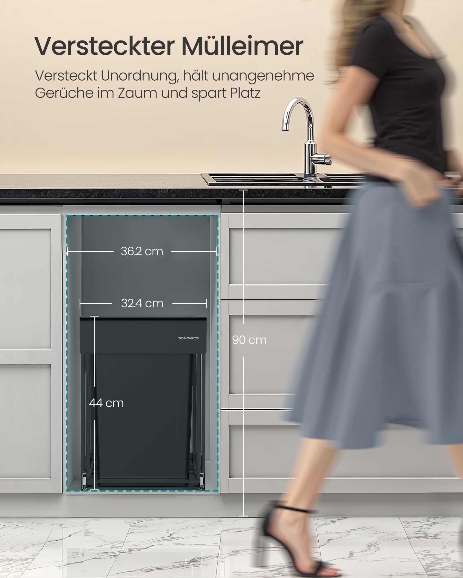 SONGMICS Mülleimer Küche, ausziehbar, Stahlrahmen, ABS-Deckel | Mülltrennsystem für Unterschrank, 2 x 20 L, Abfalleimer 2 Fächer, tintenschwarz LTB951B01