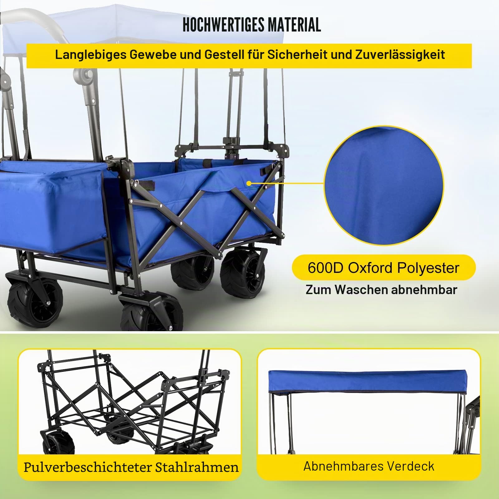 VEVOR Bollerwagen Faltbar 92,7 x 54,3 x 98,5 cm, Handwagen faltbar 100 kg, Blauer Bollerwagen Dach Luftreifen 600D Oxford Polyester, Klappbarer Handwagen mit 2 Klettbändern, für Aktivitäten im Freie