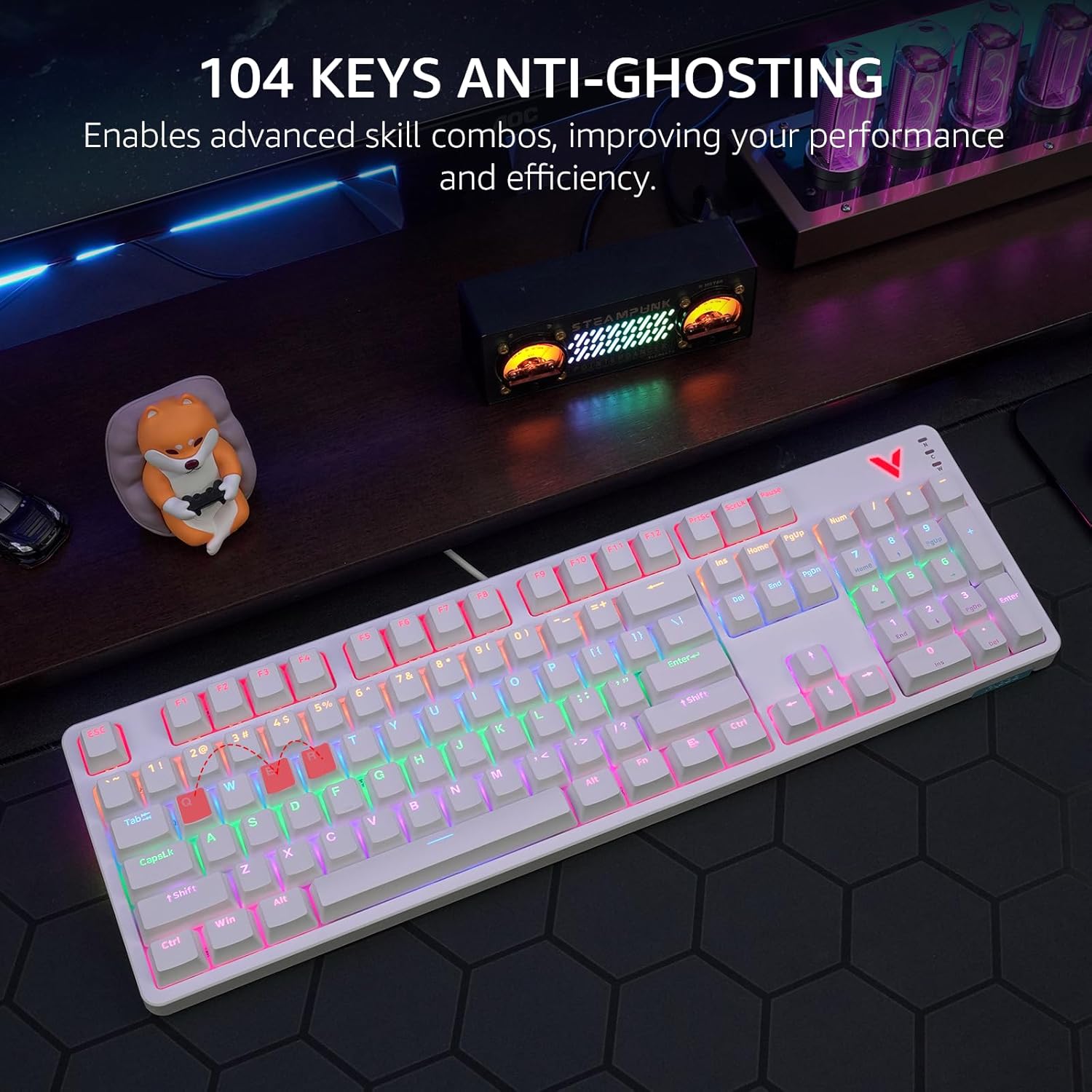Illustration demonstrating 104-key anti-ghosting on the Rapoo V500Pro keyboard