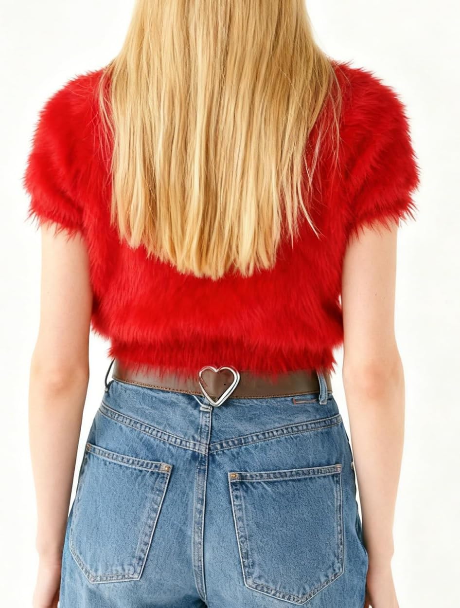 Women Fuzzy Crop Sweaters Furry Crew Neck Short Sleeve Knit Pullover Tops Trendy Casual Loose Fluffy Fur Tops - Image 4