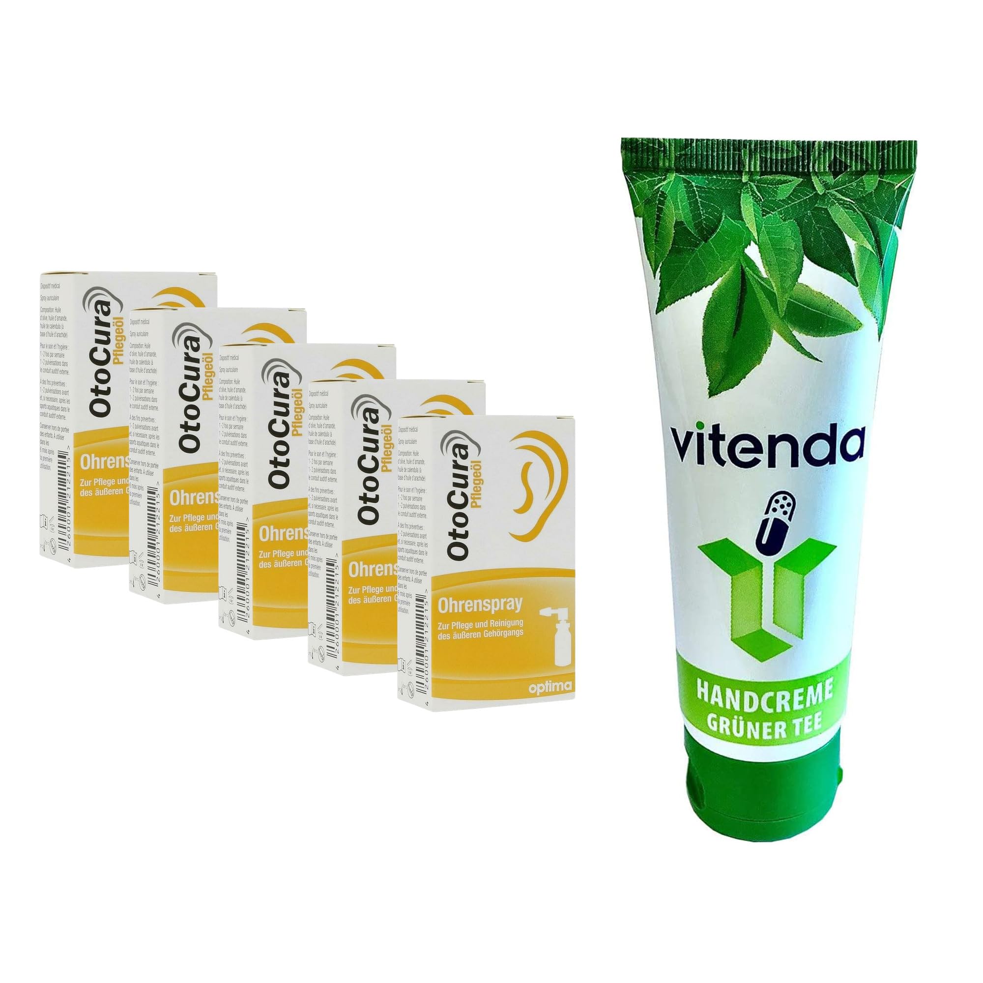 Set: Ohrenspray Pflegeöl zur Reinigung & Pflege des äußeren Gehörgangs mit OtoCura, 5x10ml – inkl. vitenda Handcreme