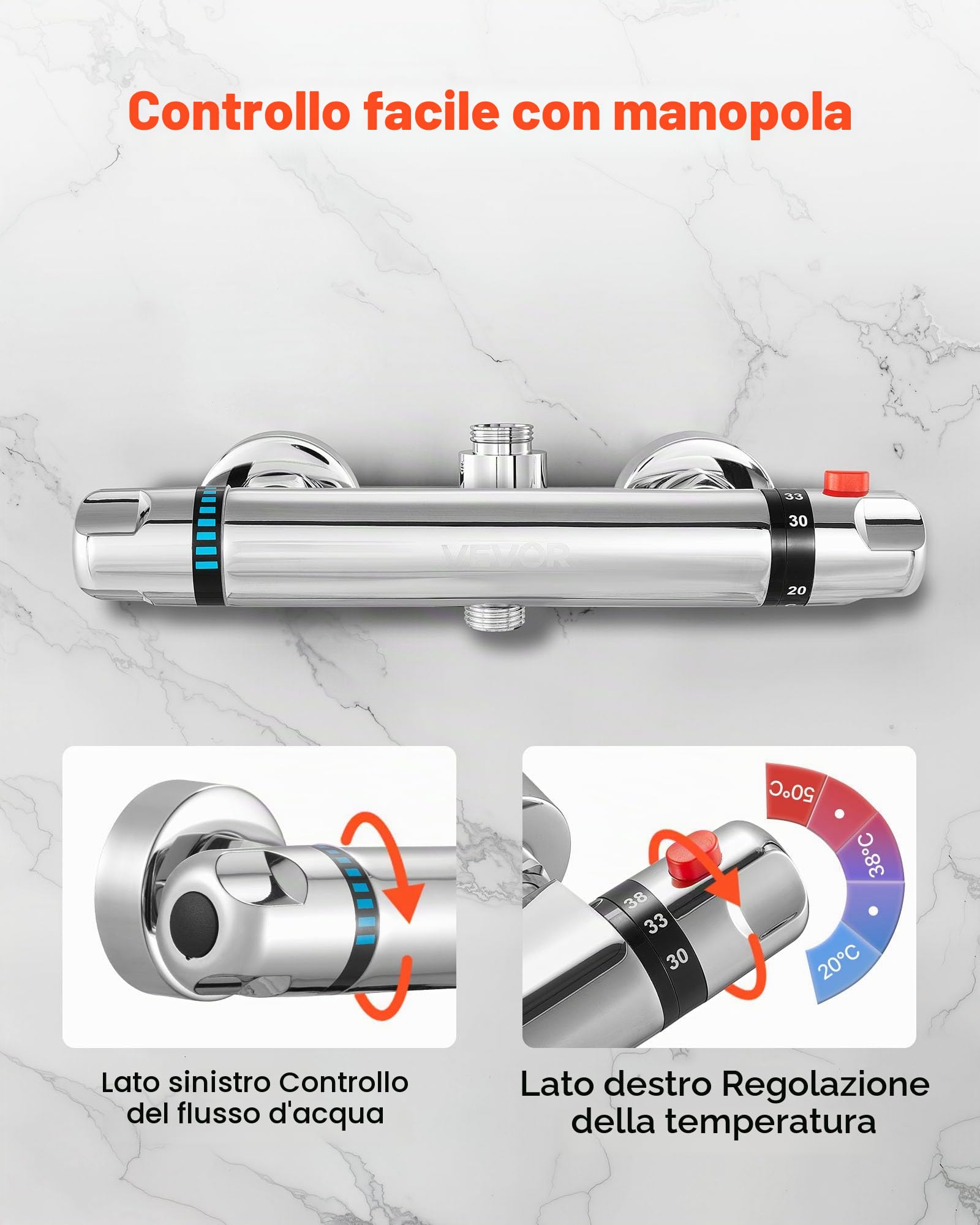 VEVOR Miscelatore Doccia Termostatico Rubinetto Doccia con Blocco di Sicurezza a 38°C Valvole di Controllo della Temperatura con Acqua Calda e Fredda per Camper Hotel con Rivestimento Cromato Argento