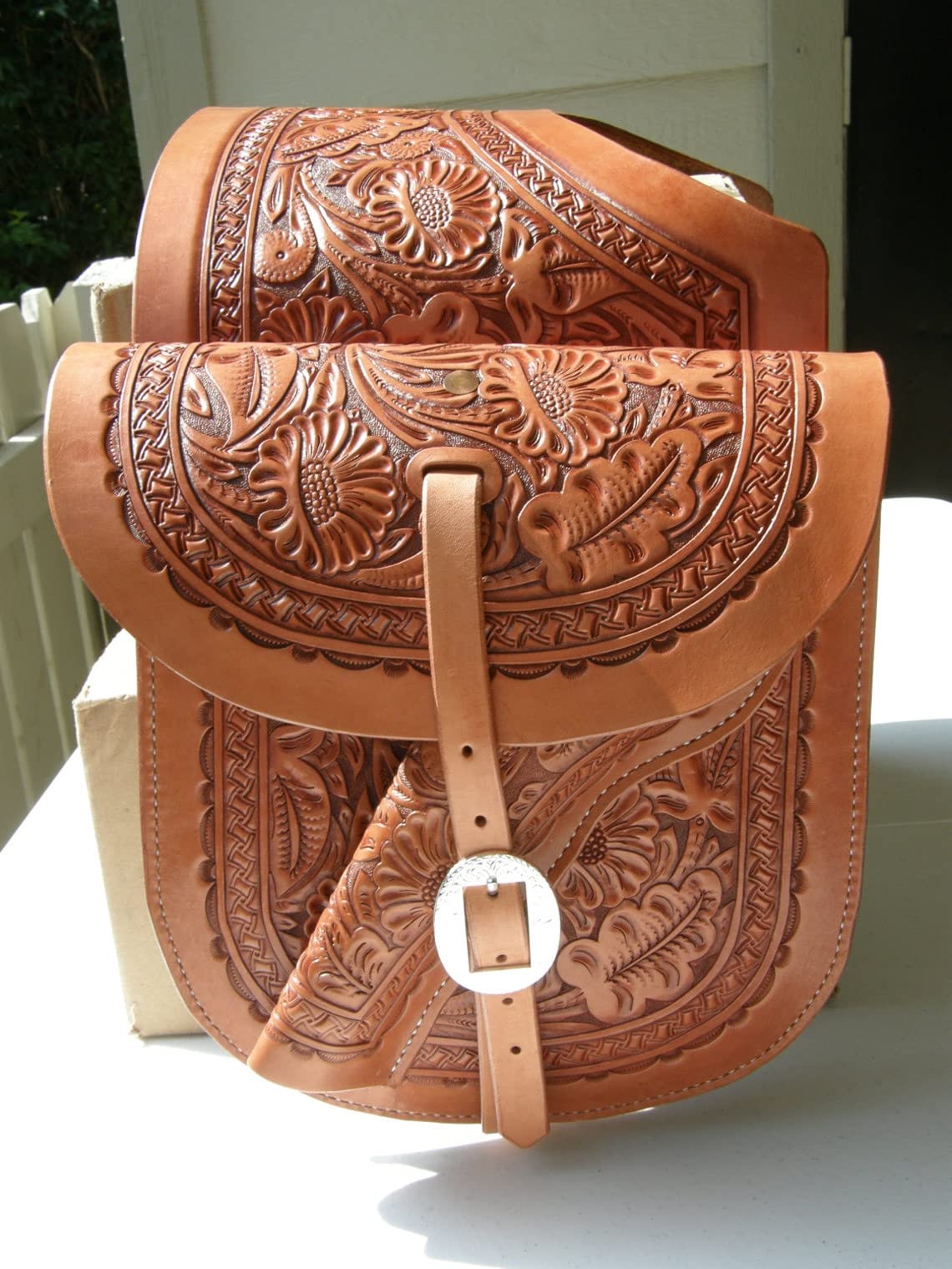 HUMAYL SADDLERY Horse Saddle Bag Western Cowhide Genuine Leather Equestrian Trail Tooling Carving Tooled Carved Pack Equipment Horse Saddle Bags Size: 10” L x 10” W x 3 ½” D inches, BAG170