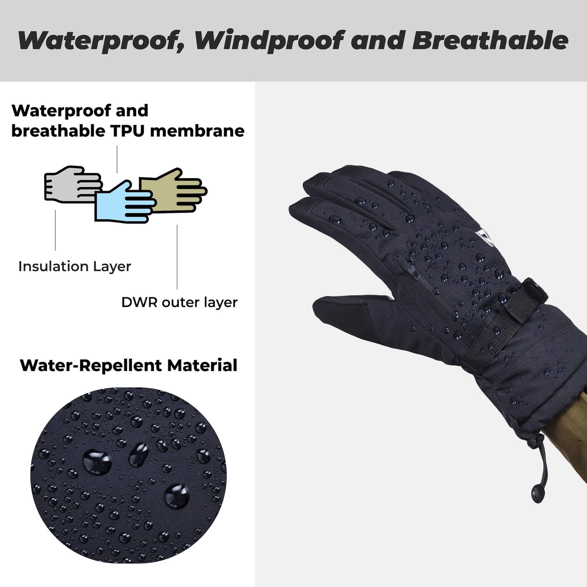 OOZi Guantes de esquí para Hombre y Mujer, Guantes de Invierno Impermeables a Prueba de Viento para Clima frío, Snowboard, esquí