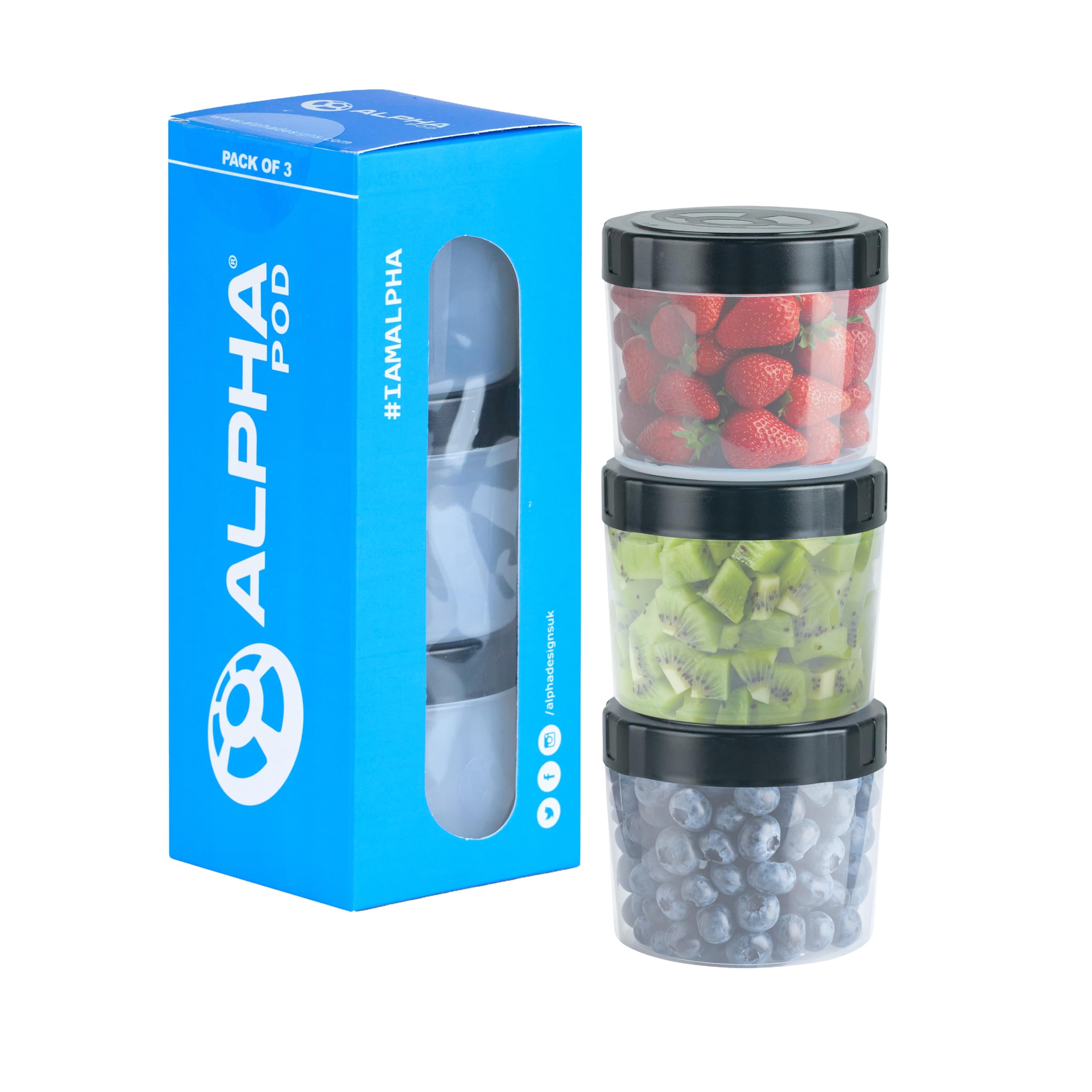 Alpha Designs | Protein Powder Container x3 Snack Pots with Lids | Small Plastic Airtight Food Storage Pots for Portion Control & Meal Prep
