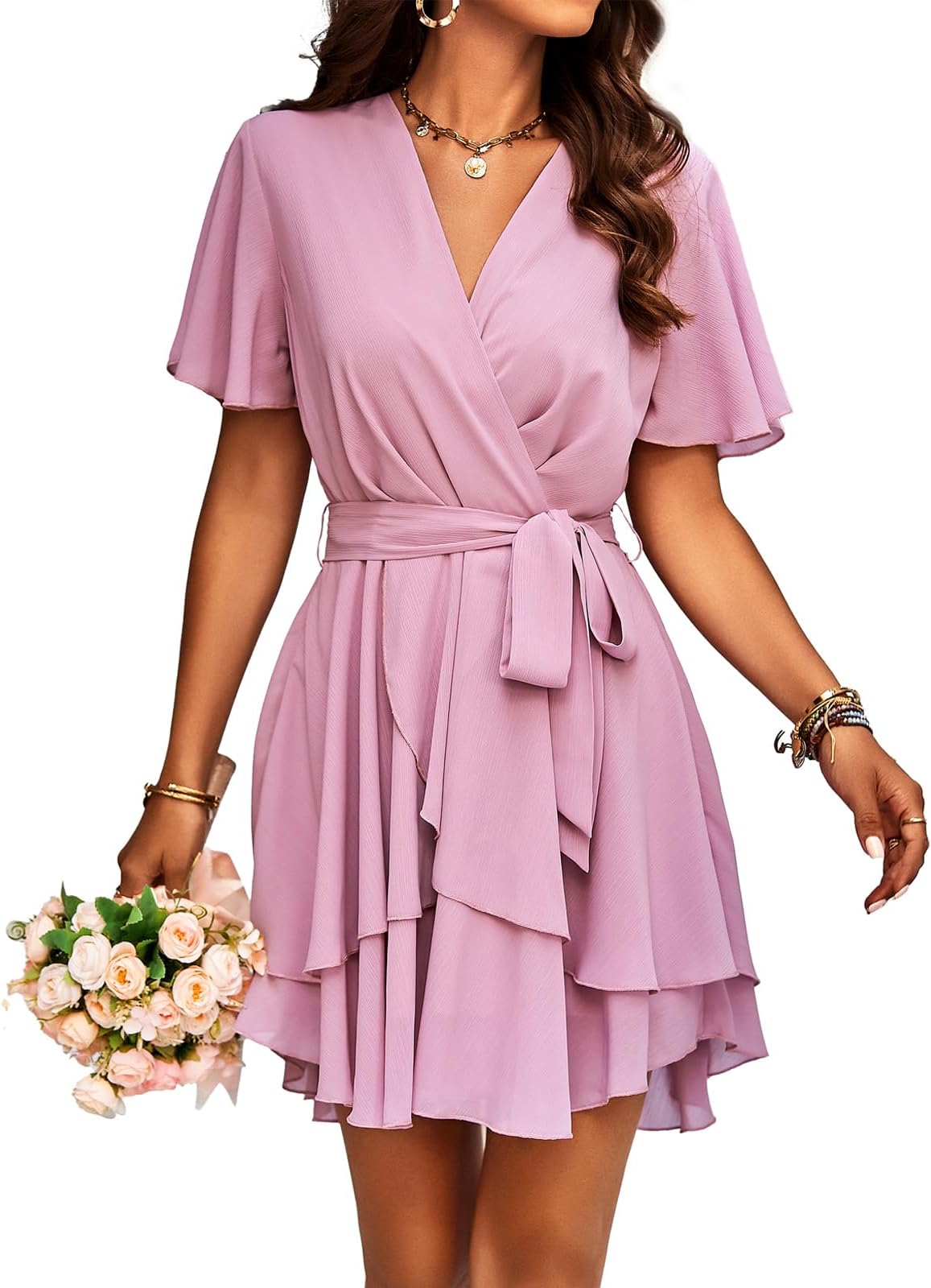 Women's Casual Dress Deep V-Neck Short Sleeve Waist Tie Ruffle Chiffon Elegant Mini Short Swing Skater Dresses
