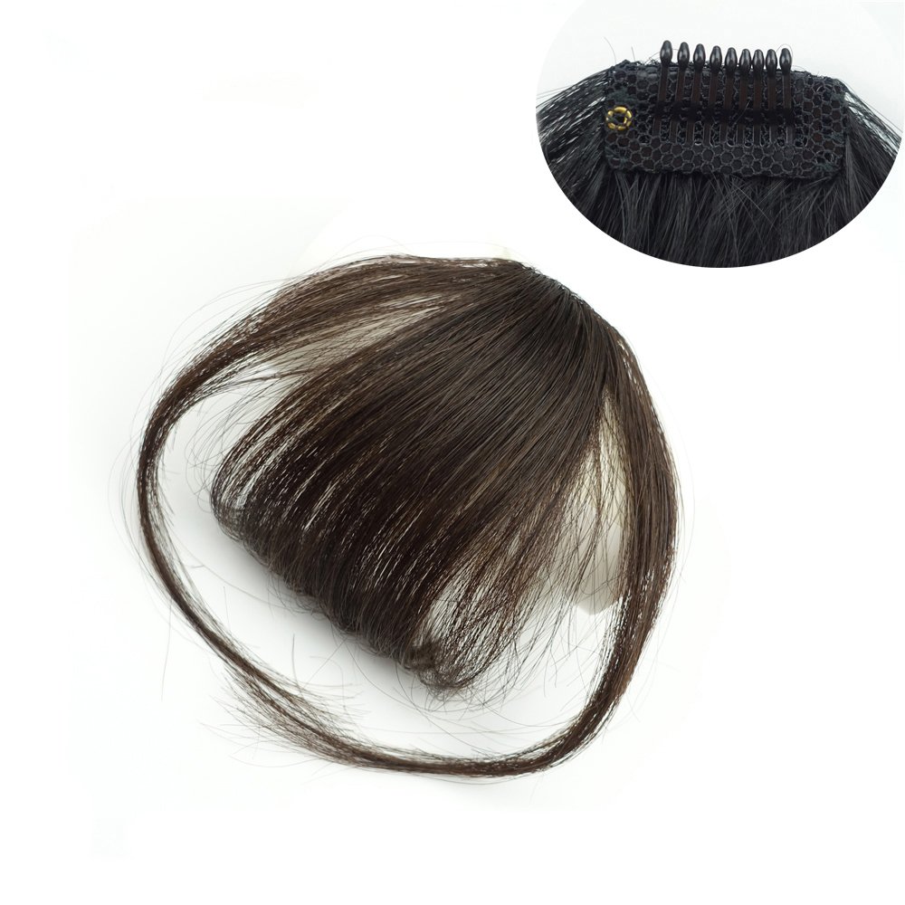 Human Hair Bangs Clip in Hair Extensions Air Fringe Handmade Flat Bangs (Flat Bangs with Temples, Dark Brown)