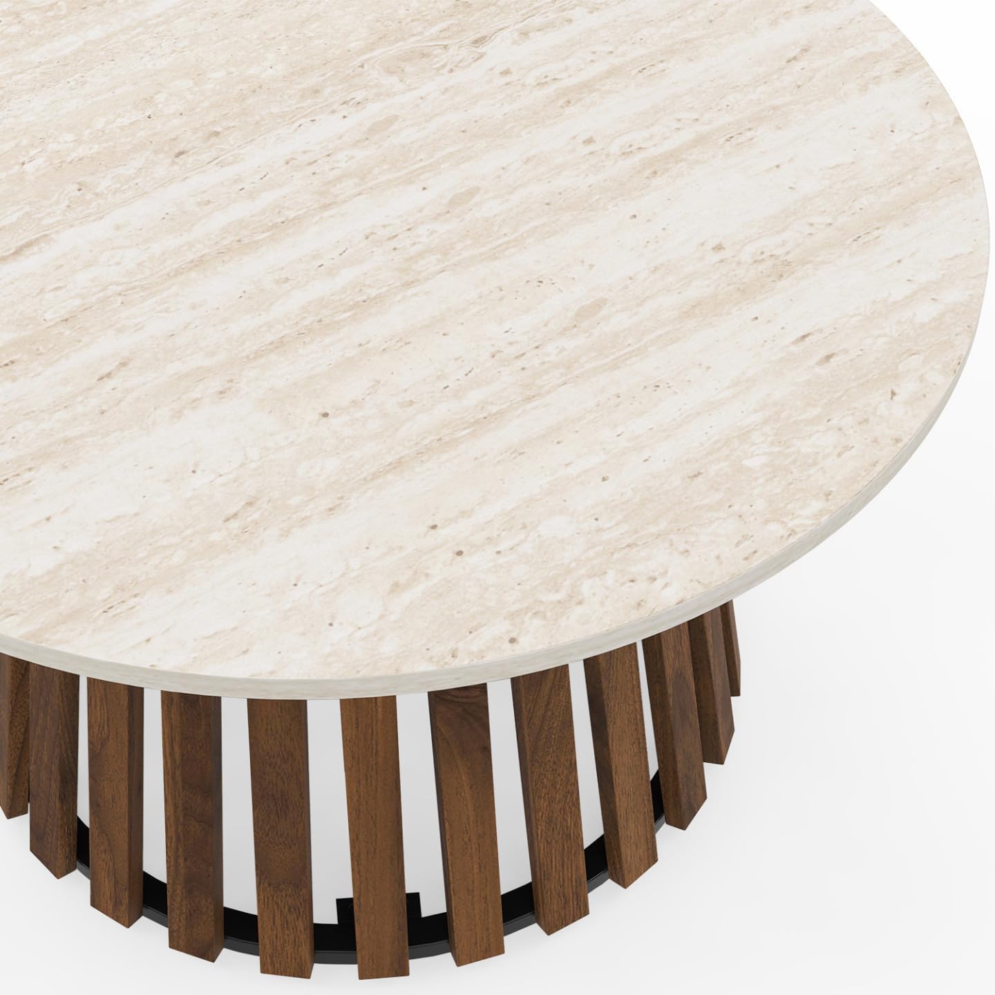 IDMarket - Mesa de centro, redonda, Carmen, 70 cm, base de madera de listones, efecto nogal y tapa de travertino