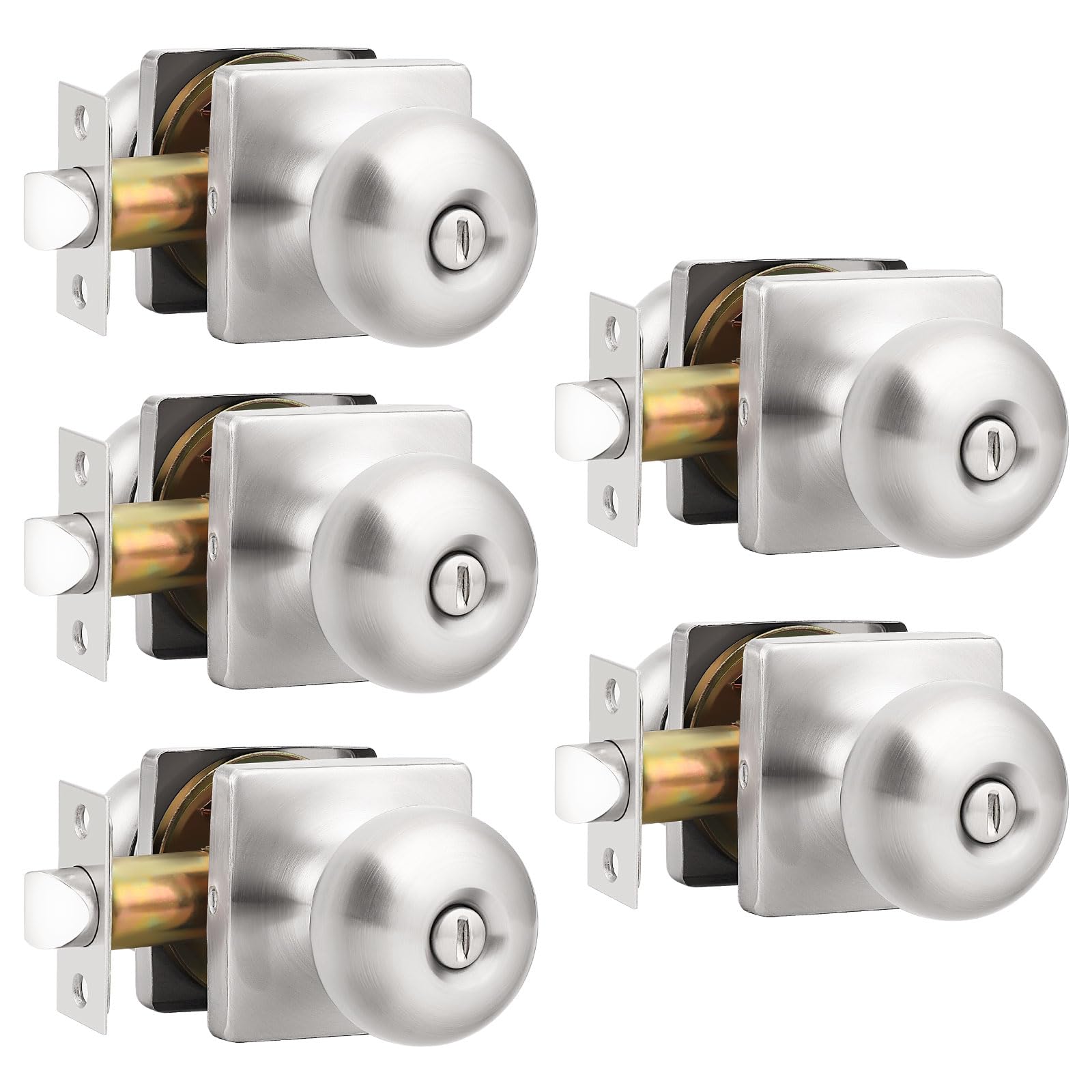 GOBEKOR 5 Pack Brushed Nickel Privacy Door Knobs Keyless Interior Door Knob with Lock Bedroom Bathroom Door Knobs Square Door Knobs