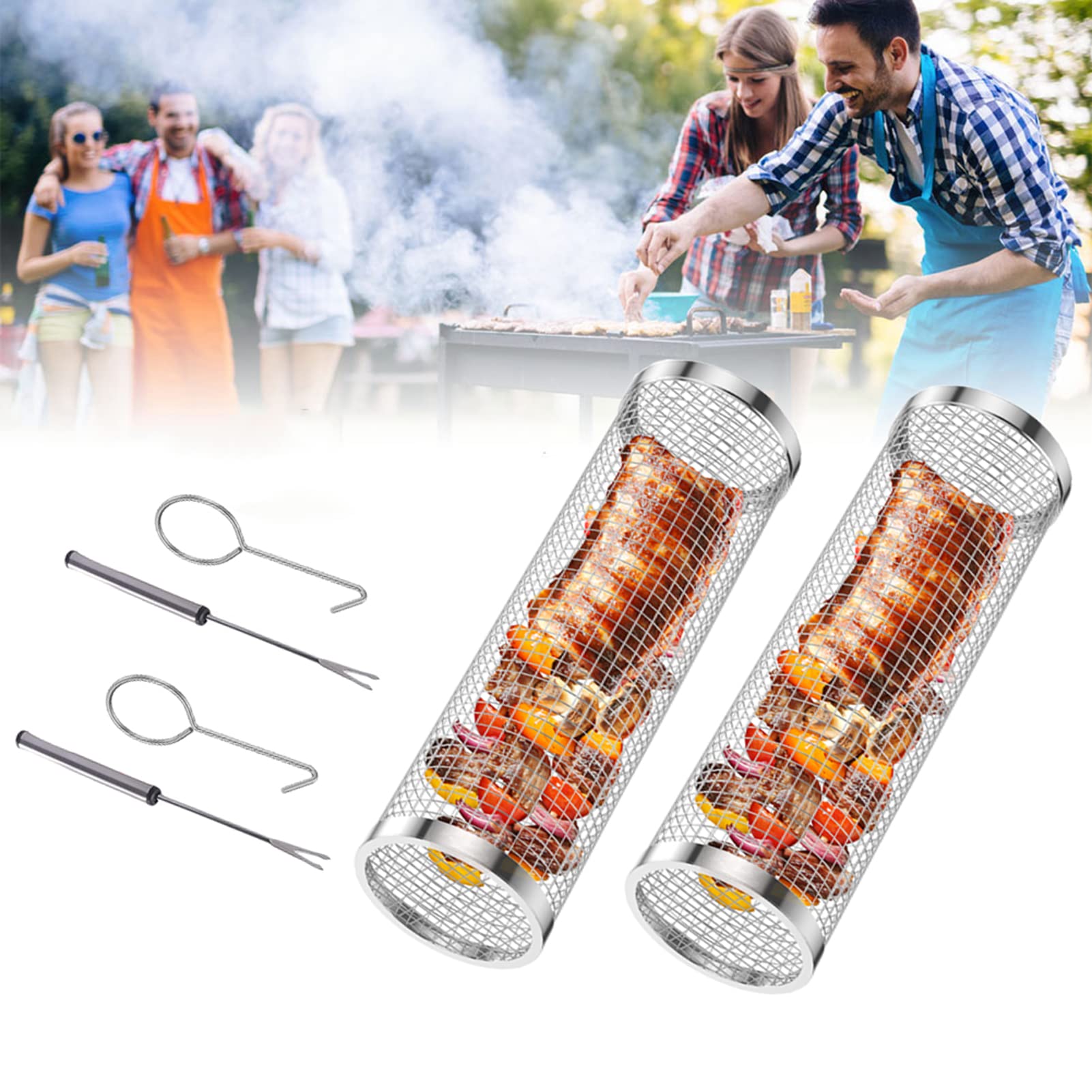 Cestello per griglia Rotante,Portable Stainless Steel Grill Basket per Barbecue da Esterno,Verdure,Barbecue,per Patatine,Pesce,gamberetti,Campeggio Essentials,L,2PCS