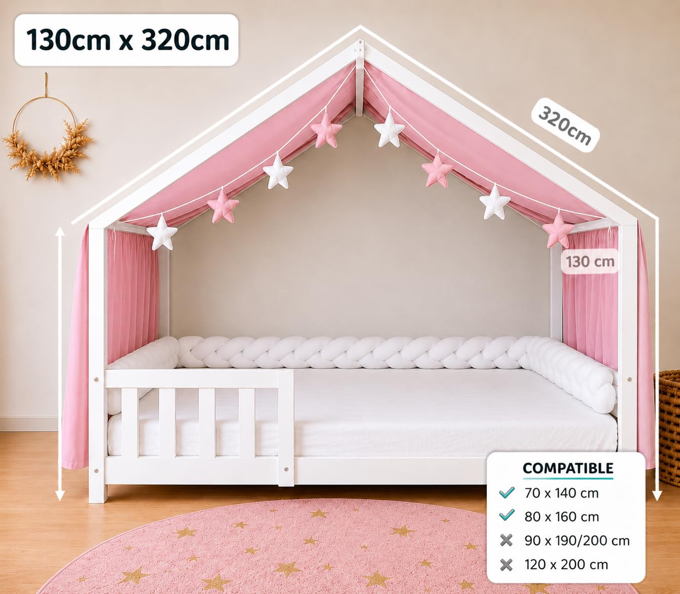 YellowNest Narzuta chatowa - 100% bawełniany szyfon - z lub bez girlandy (różowy, 130 x 320 cm)