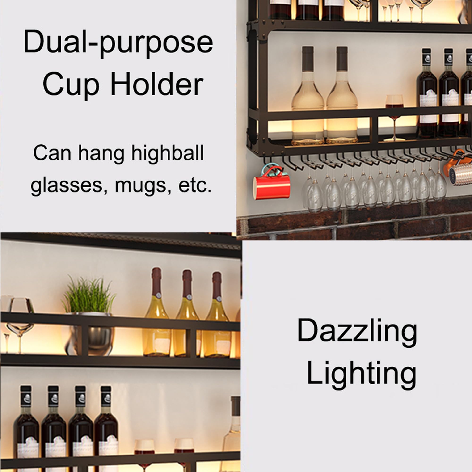 Portabottiglie Porta Bottiglie di Vino da Parete con Portabicchieri Cantinetta Vino con Luce Scaffale da Parete Mensole Cucina Angolo Bar per Casa Mobile Bar per Cucina Sala da Pranzo Bar(Gold,2 LAYER