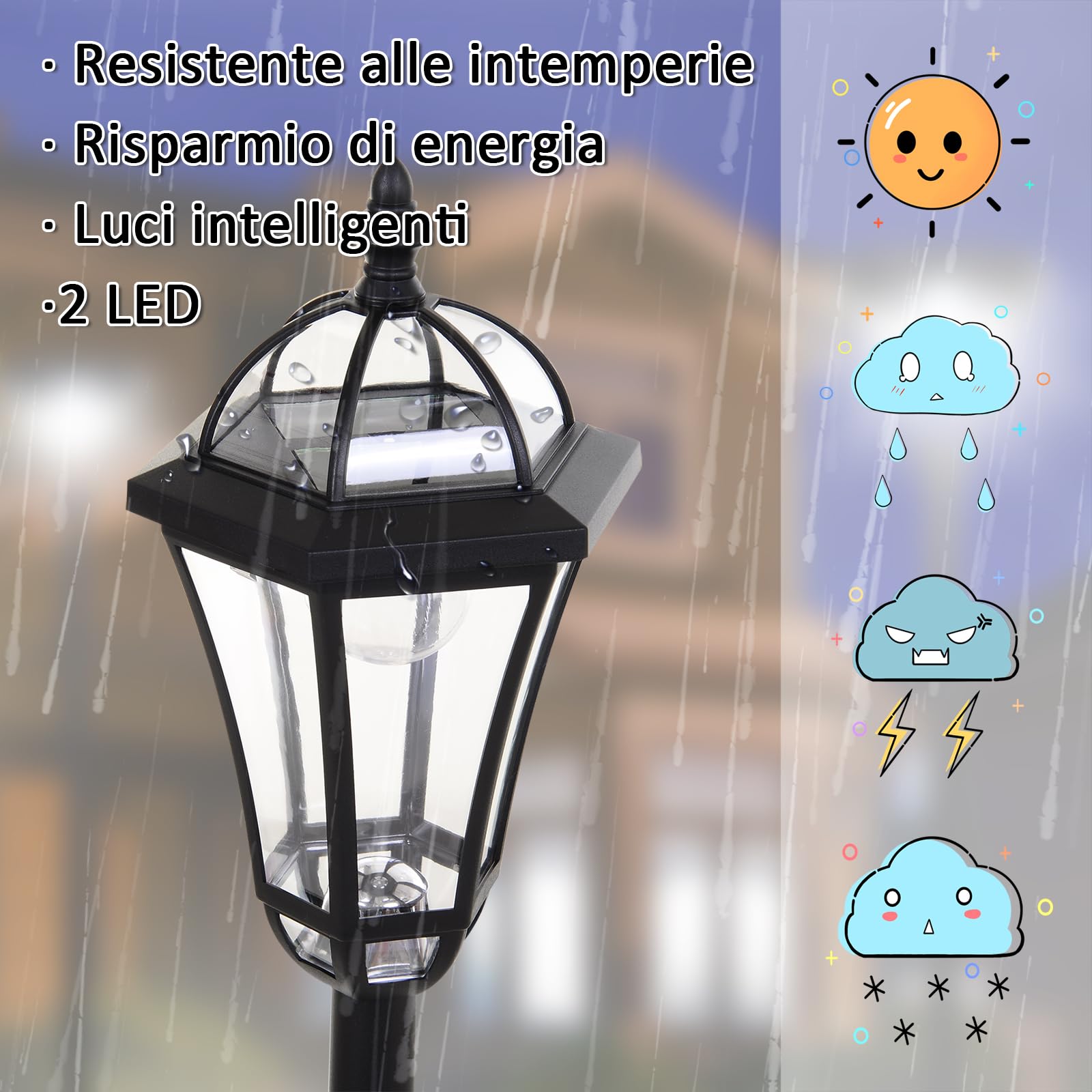 Outsunny Set 2 Lampioni Solari da Giardino, Luci da Esterno Solari con 2 LED, Accensione Automatica e Durata 6 Ore, Nero
