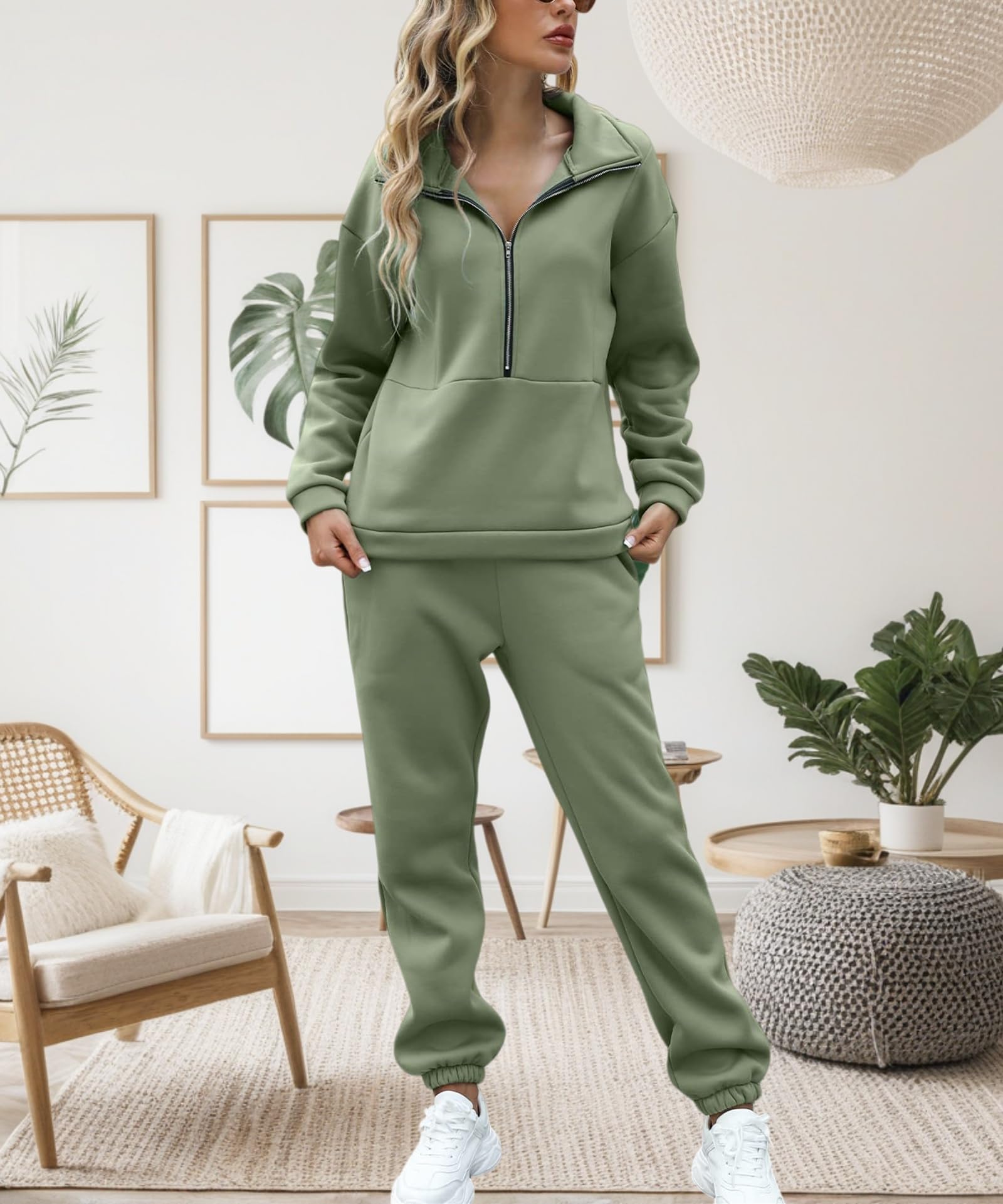 Damskie 2-częściowe stroje luźna polarowa dzianinowa bluza z zamkiem do połowy sweter bluza joggery spodnie dres zestaw