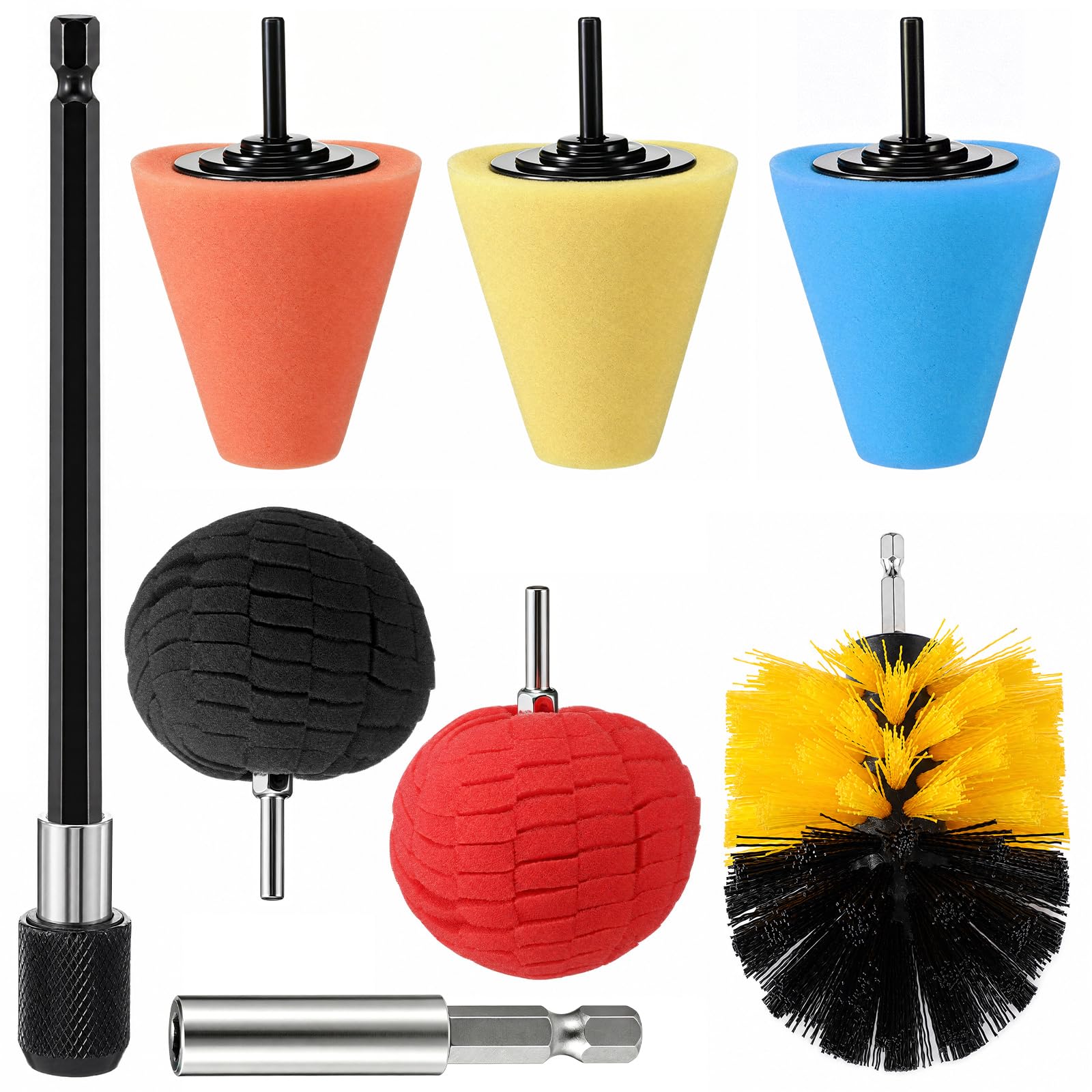 Kit de polissage en aluminium de 8 pièces, kit de polissage de roue pour perceuses, éponges de polissage en mousse avec support d'extension portable pour roue de voiture et kits de polisseuse
