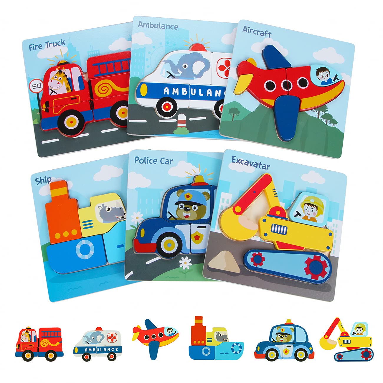 Tommen Children's Gift Aircraft Ship Ambulance Police Car Fire Engine Construction Vehicles Wooden Chunky Puzzle , for Toddlers 1 2 3 Years Old,Boys&Girls Educational Toys Gift (6packs)