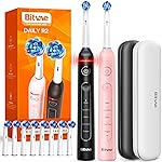 Bitvae Rotating Electric Toothbrush 2 Packs for Adults and Kids, 8 Brush Heads 60-Day Battery Life, 5 Modes Power Toothbrush with 2-Minute Smart Timer, Black & Pink, R1