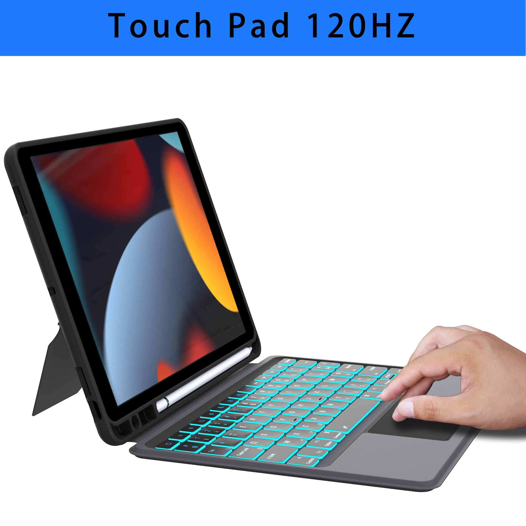 VANKEYPAD Coque clavier pour iPad 9e 2021/8e 2020/7ème 2019 Génération 10.2"/Air 3/iPad Pro 10.5 : Boîtier de clavier amovible rétroéclairé 7 couleurs - AZERTY Clavier à pavé tactile avec Pot à stylos