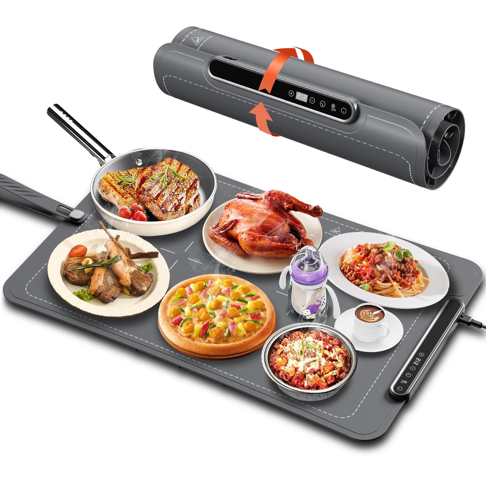 Food Warming Mat, Rollable & Portable, Silicone Heating Mat, Electric Warming Tray, 24 * 16 inches, Child Lock, Food Warmer with 6 Temperature Settings, Gray