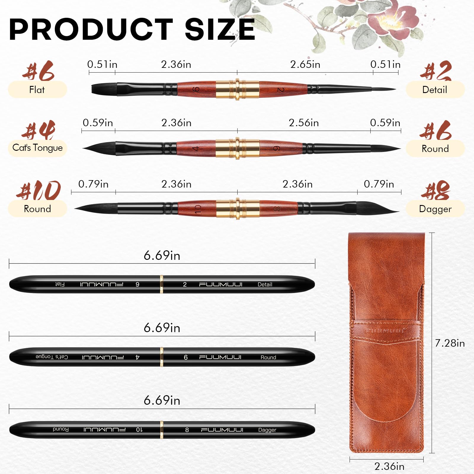 Pennelli da Viaggio a Doppia Punta Professionali - 3 Pennelli di pelo Sintetico Scoiattolo con Custodia in Pelle per Acquerello, Guazzo, Inchiostro | Alto Assorbimento dell'Acqua | Watercolor Brushes