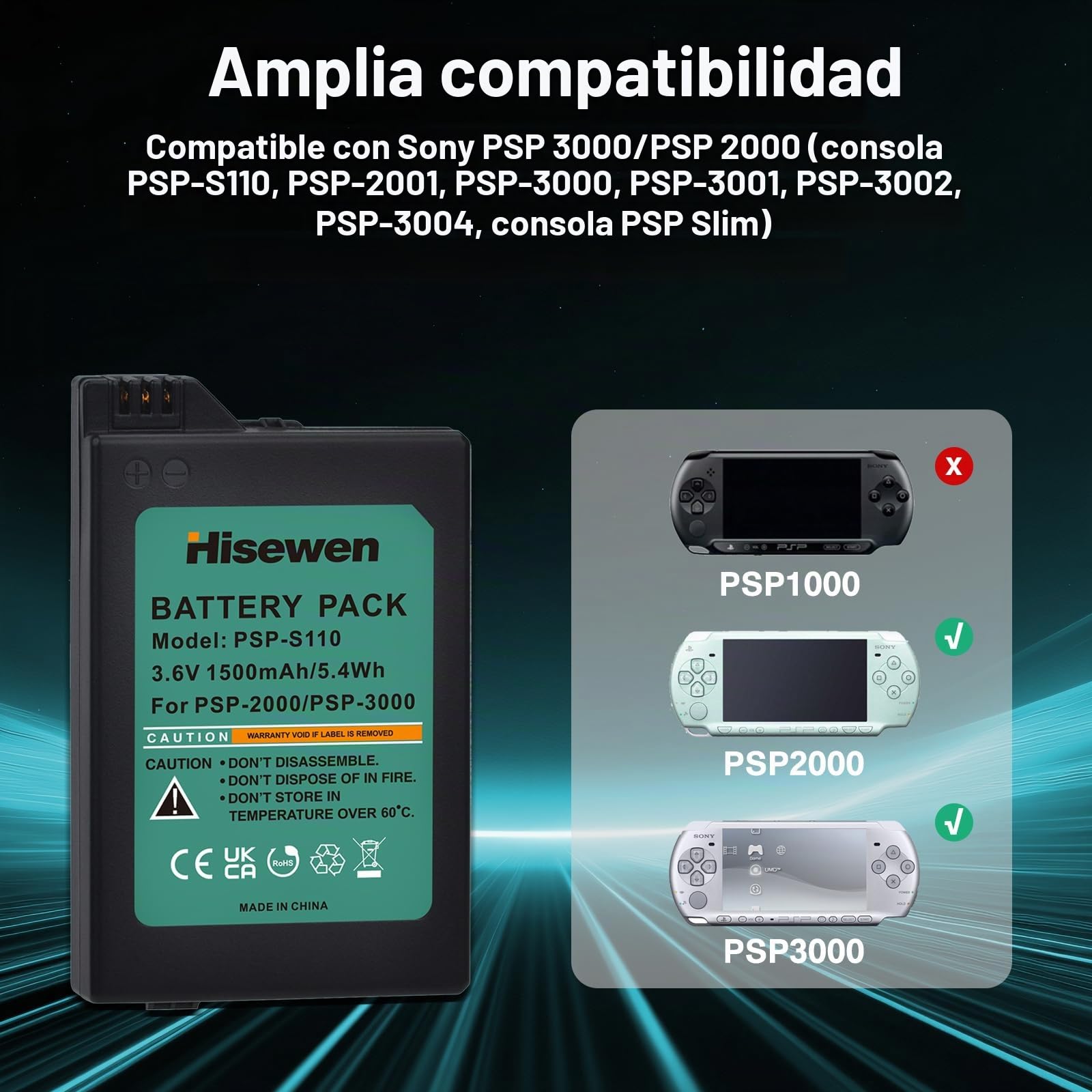 Batería de iones de litio para Sony PSP 3000/PSP 2000, PSP-3000, PSP-3001, PSP-3001, PSP-3000, PSP-3001, PSP-3002, PSP-3004, PSP Slim Console
