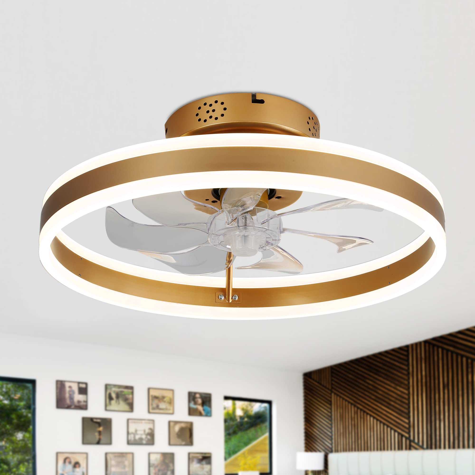 Dawn Whisper Gold Ceiling Fans with Lights 20 Inch, Modern Ceiling Fans Flush Mount 6 Speeds, Low Profile LED Ceiling Fan for Bedroom