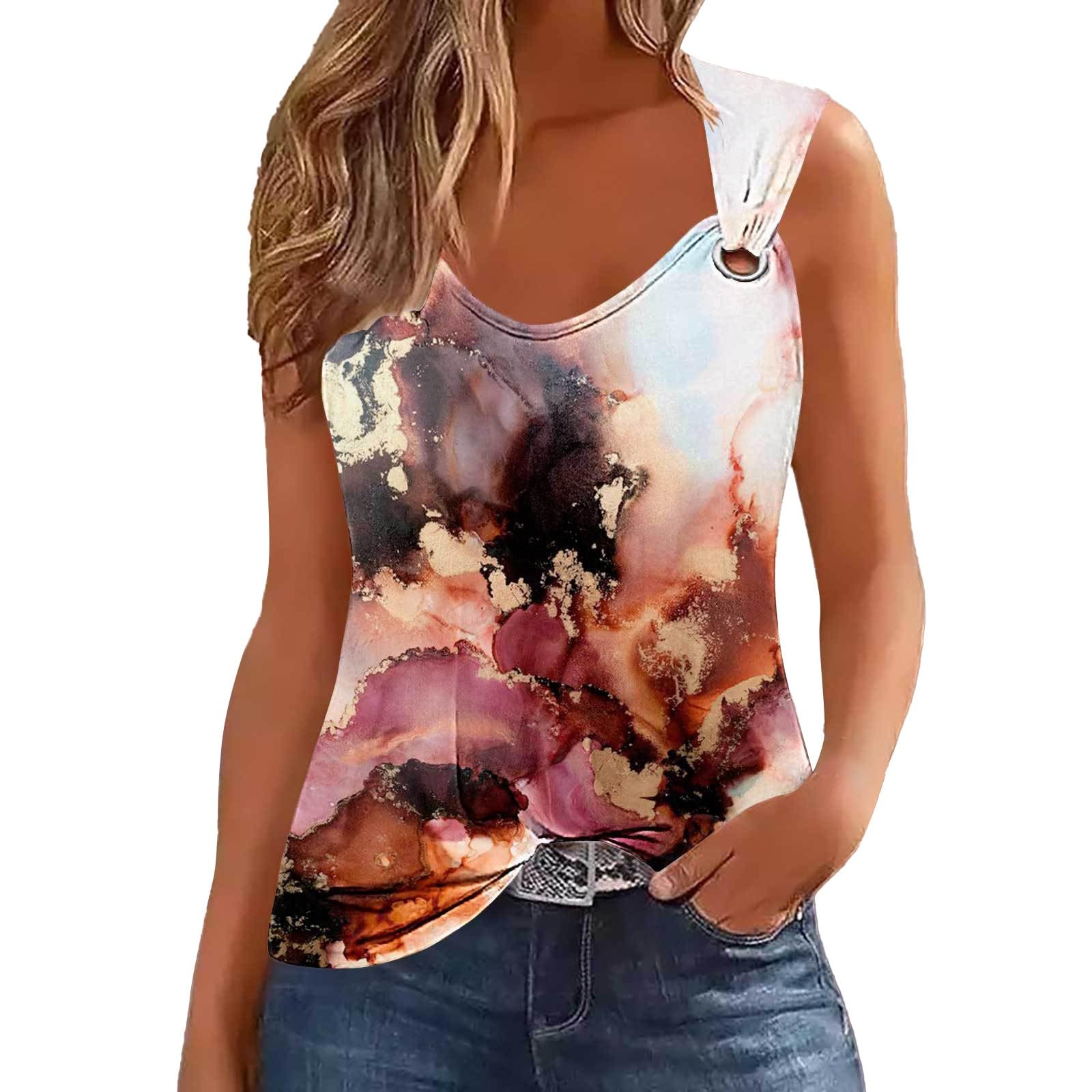 Generic Batik Top Mujer Hippie Tank Top Mujer Larga Colorido - Blusas de Verano Estampado Brillante Sin Mangas Top Chic Gradiente Fiesta Blusa Festiva Vacaciones Algodón Blusa Larga