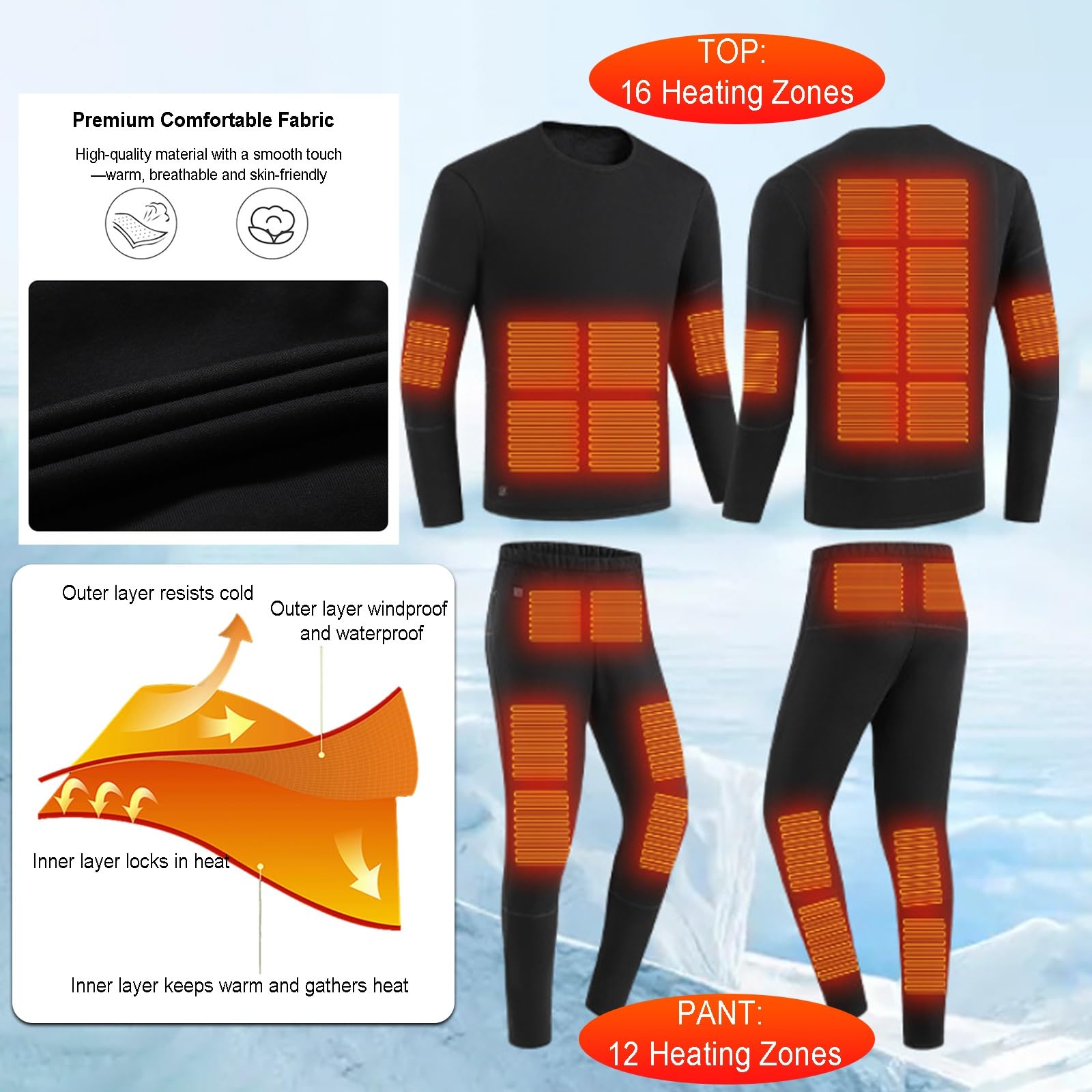 Conjunto Térmico USB Hombre Mujer, Camiseta 16 Zonas Calor Pantalón 12, Tejido Algodón Suave Transpirable, Secado Rápido Ideal Esquí Moto Trabajo Frío Invierno Unisex Cálido Cómodo