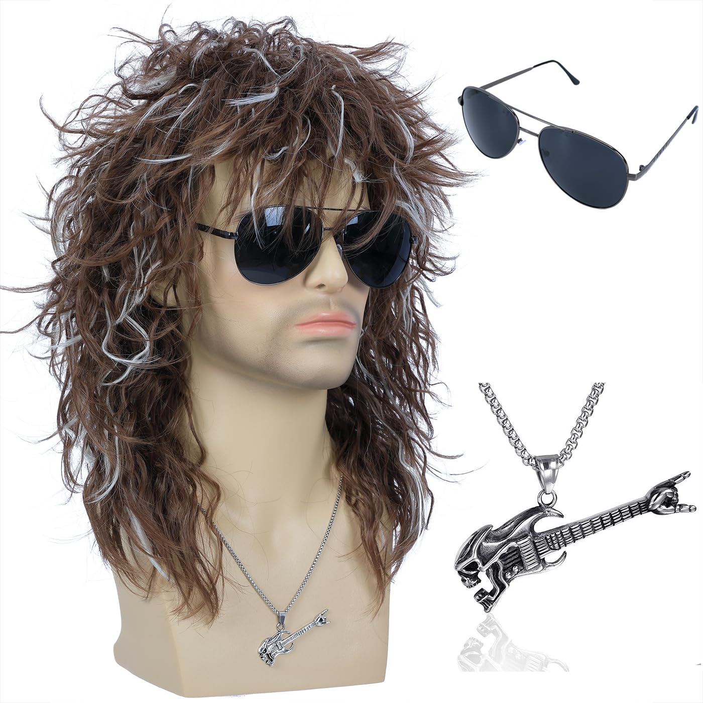 Photo 1 of morvally Men’s Women 80s Rocker Mullet Wig with Glasses and Necklace Long Brown Curly Glam Rock-Rockstar Wig for Halloween Cosplay Costume Party (Brown highlights Silver)