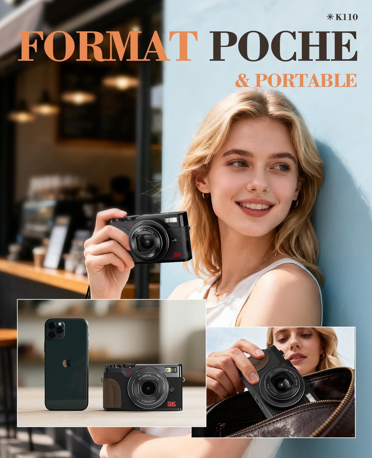 Appareil Photo numérique 5K, 64MP caméra de vlogging, WiFi caméra de vlogging Youtube contrôlée par et Application, 18X Appareil Photo Compact avec Carte TF 32 Go, objectifs Grand-Angle et Macro