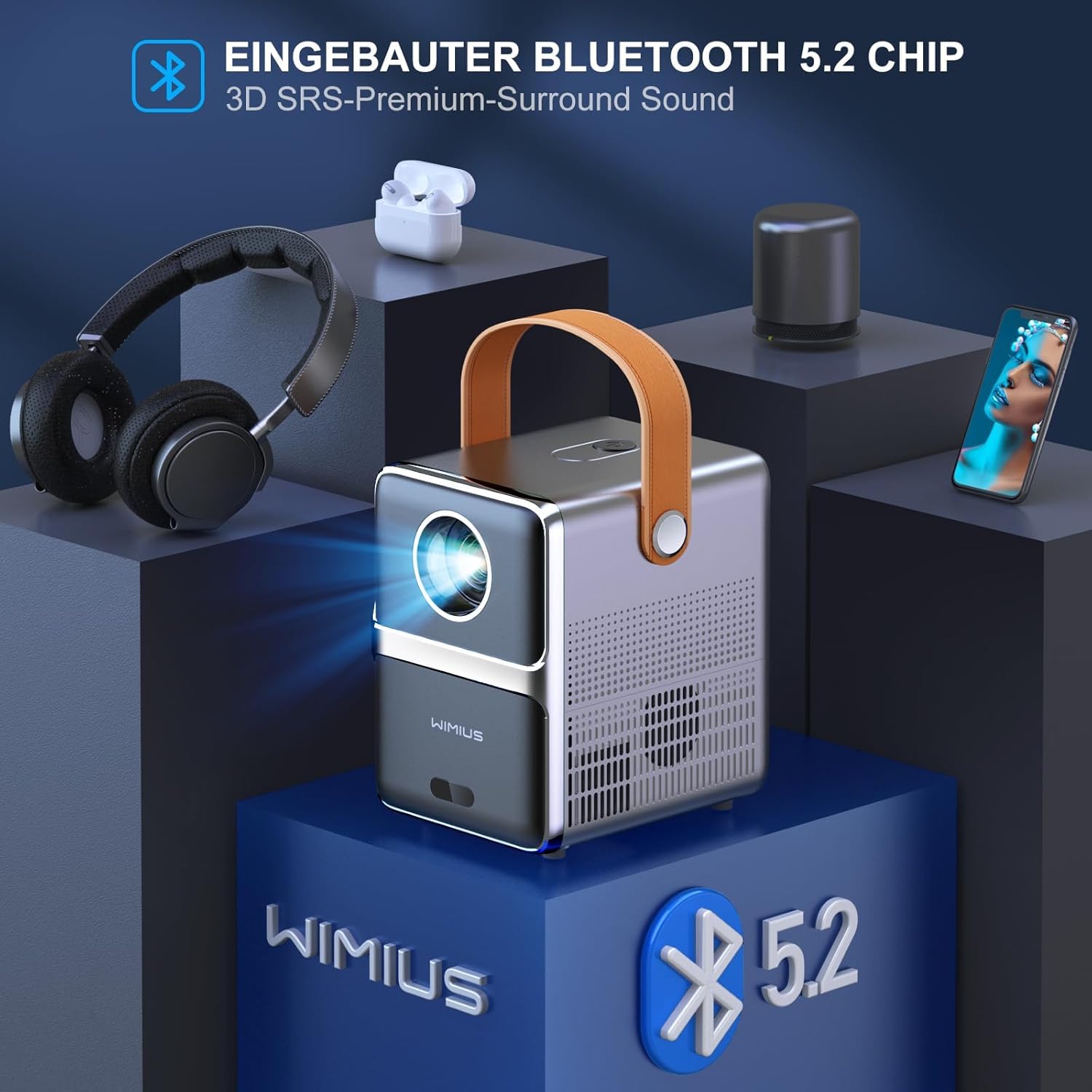 WiMiUS Mini proiettore WiFi Bluetooth 1080P Full HD, Messa a fuoco elettrica e correzione trapezoidale automatica, Proiettore home cinema per Android, iPhone, Grigio