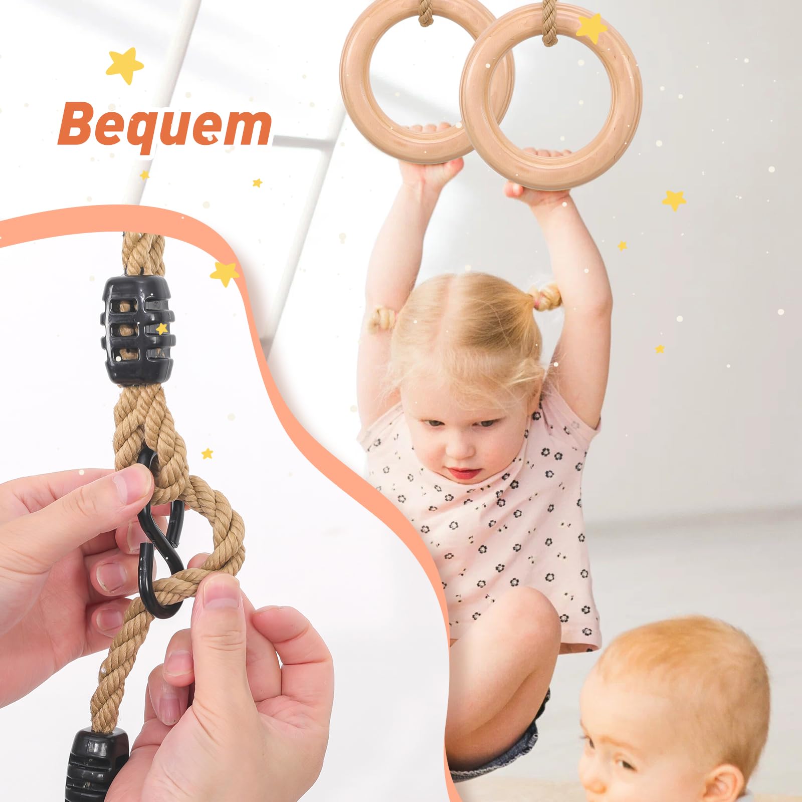 Holz Turnringe,Trapez schaukel,Schaukelringe mit Einstellbarer Hanfseil,Gymnastikringe für Kinder Indoor und Outdoor