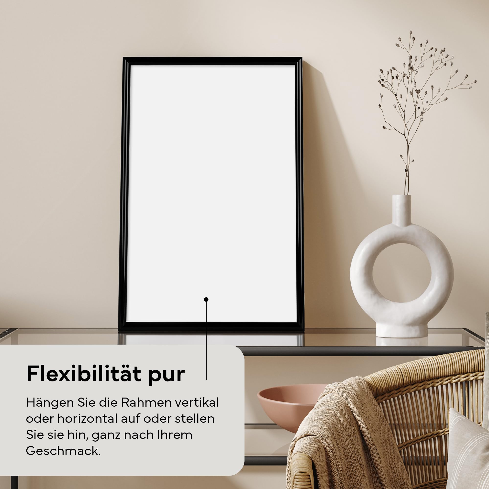 Kunststoff Bilderrahmen 60 x 80 cm, Schwarz/Bilder Rahmen zum Aufhängen/Kunststoff Rahmen mit Echtglas