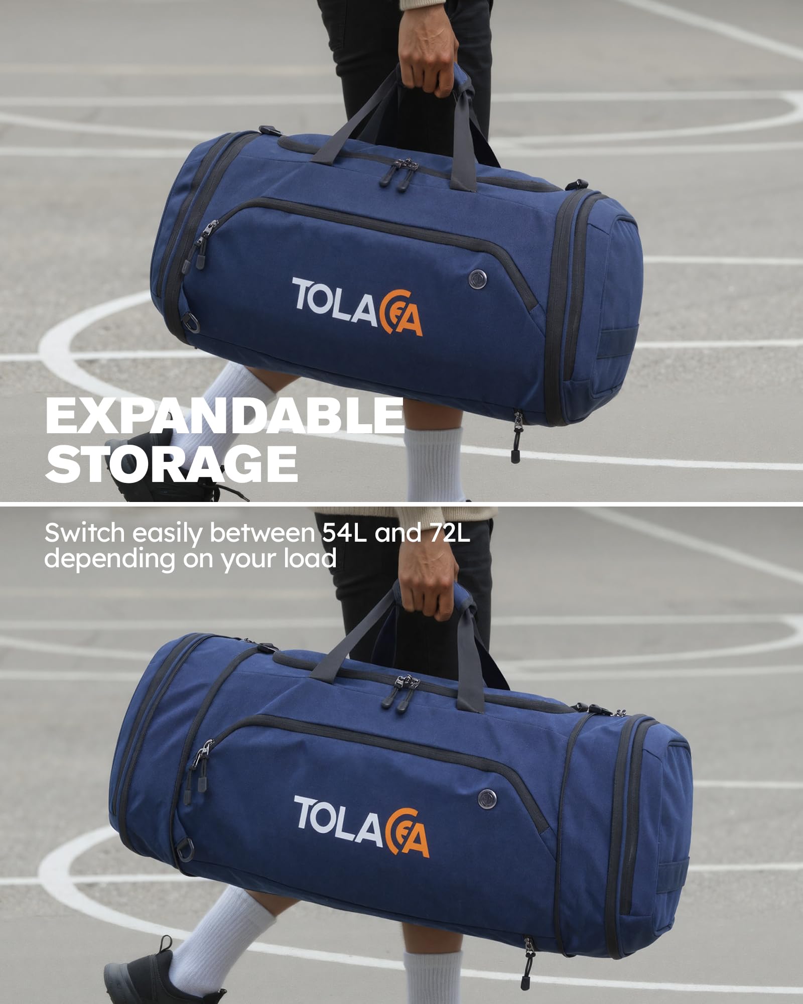 Tolaccea Sporttasche 56–70L erweiterbare Reisetasche mit Schuhfach & Nassfach, als Rucksack tragbar, Blau