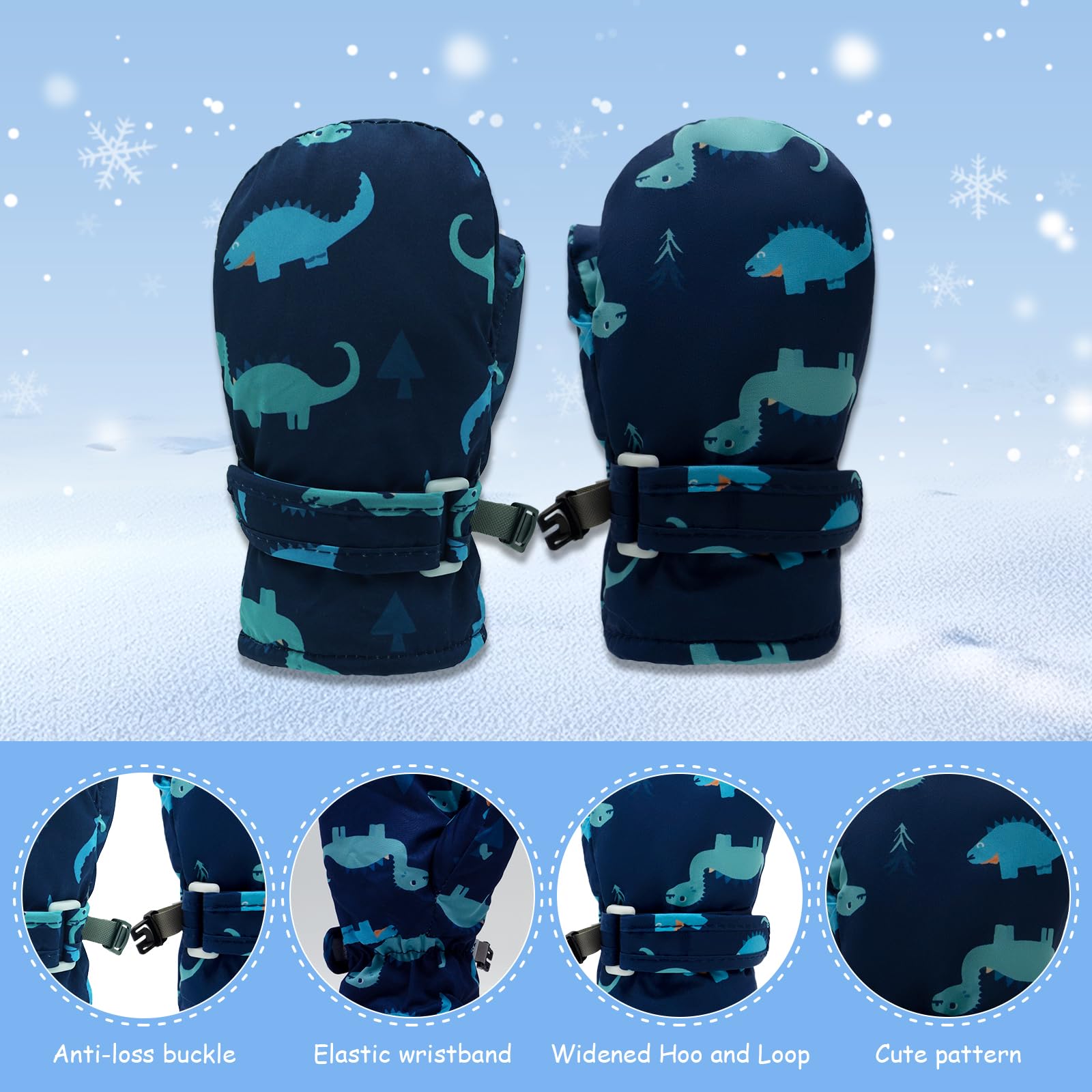 SmztTrend Toddler Mittens Waterproof Fleece Lined 2 Pack Toddler Winter Gloves Warm Snow Gloves for Baby Boys Girls (Dinosaur-Black+Navy, 2-4 Years)