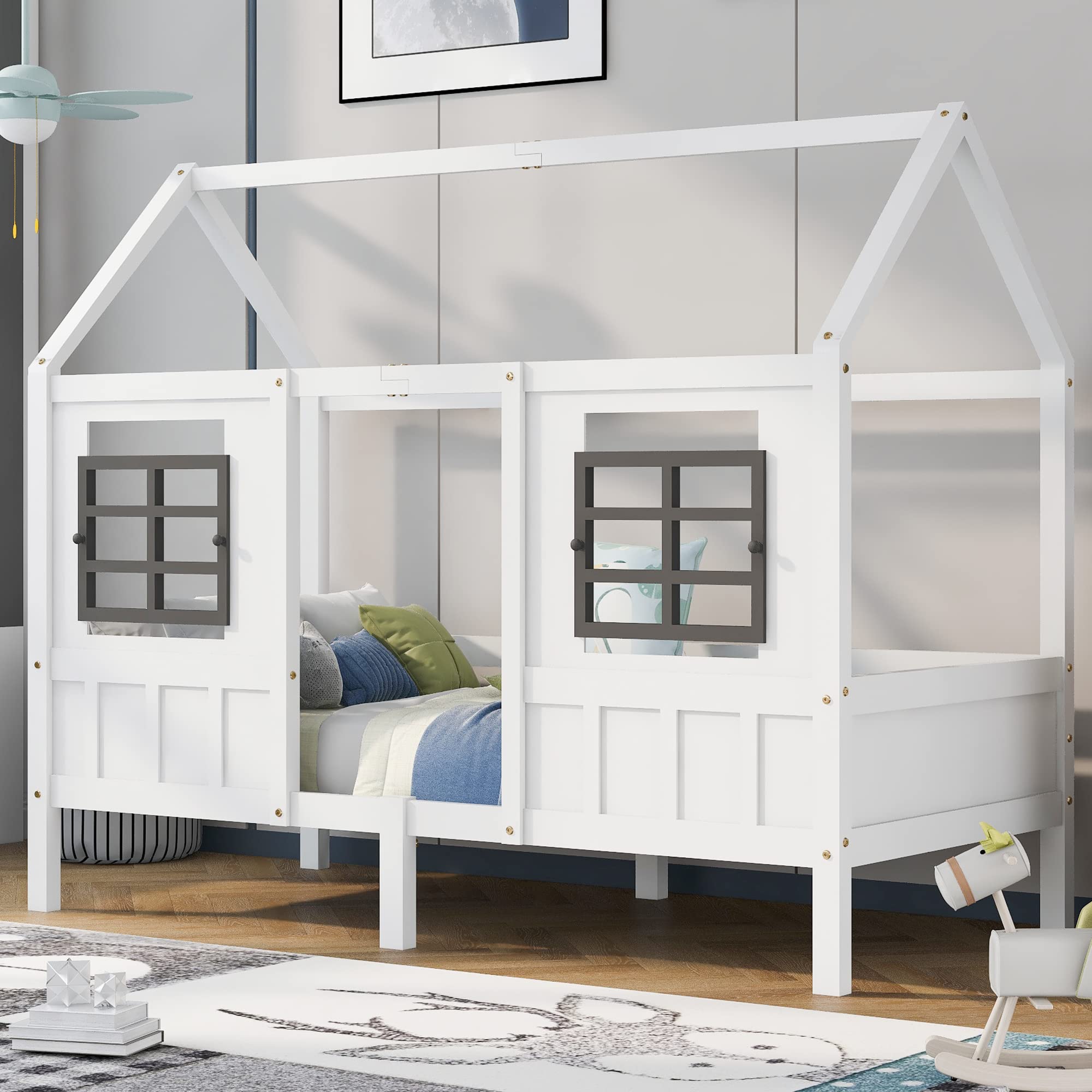 Hausbett Spielbett 90x200, Vielseitiges Kiefernrahmen Kinderbett Spielbett für Jungen & Mädchen - Kinder Bett mit Rausfallschutz und Lattenrost