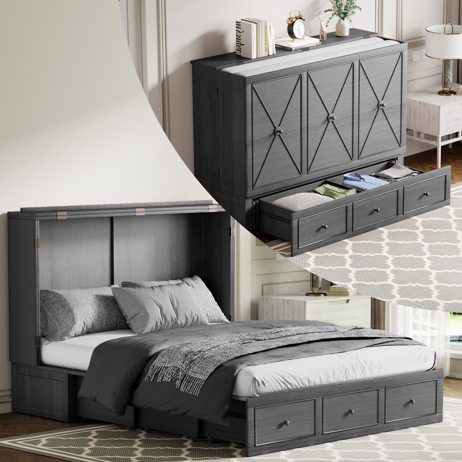 PUREMIND Queen Murphy Bed with Foldable Mattress, Murphy Cabinet Bed with Built-in USB Charging Station, Murphy Chest Bed with 2 Storage Drawers, Hidden Murphy Bed for Bedroom, Guest Room, Apartment