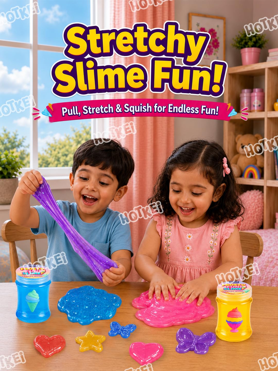 HOTKEI Frosty Fun Slime for Kids 3 to 10 Years Stretchable Slime with Surprise Cute Frosty Fun Eraser Inside Soft Non-Sticky DIY Slimy Fun Toy Birthday & Return Gift for Kids Girls & Boys Pack of 4 1