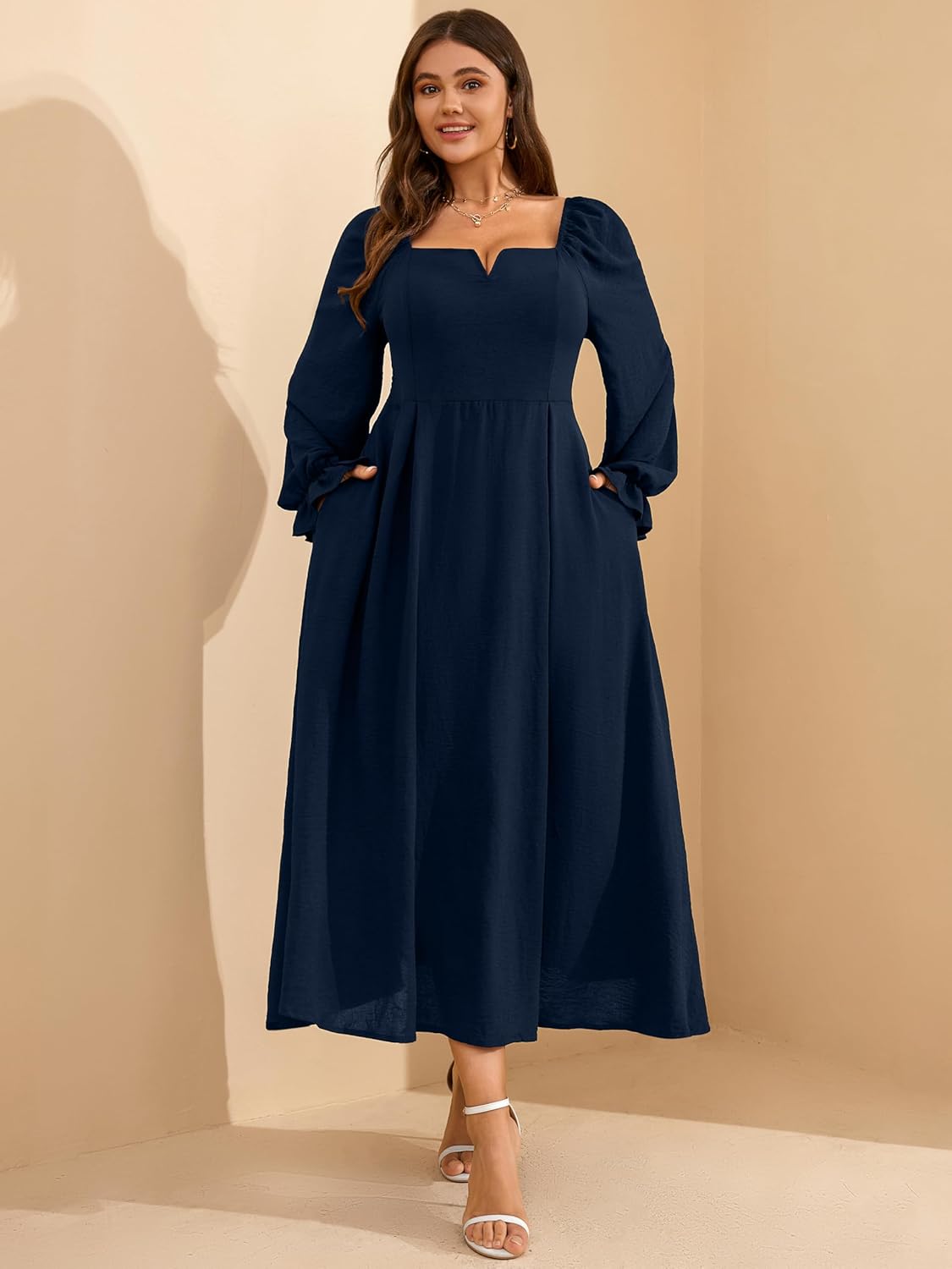 RWJ Long Sleeve Dress for Women 2025 Fall V Neck Elegant Flowy Plus Size Formal Wedding Guest Maxi Dresses with Pockets - Image 5