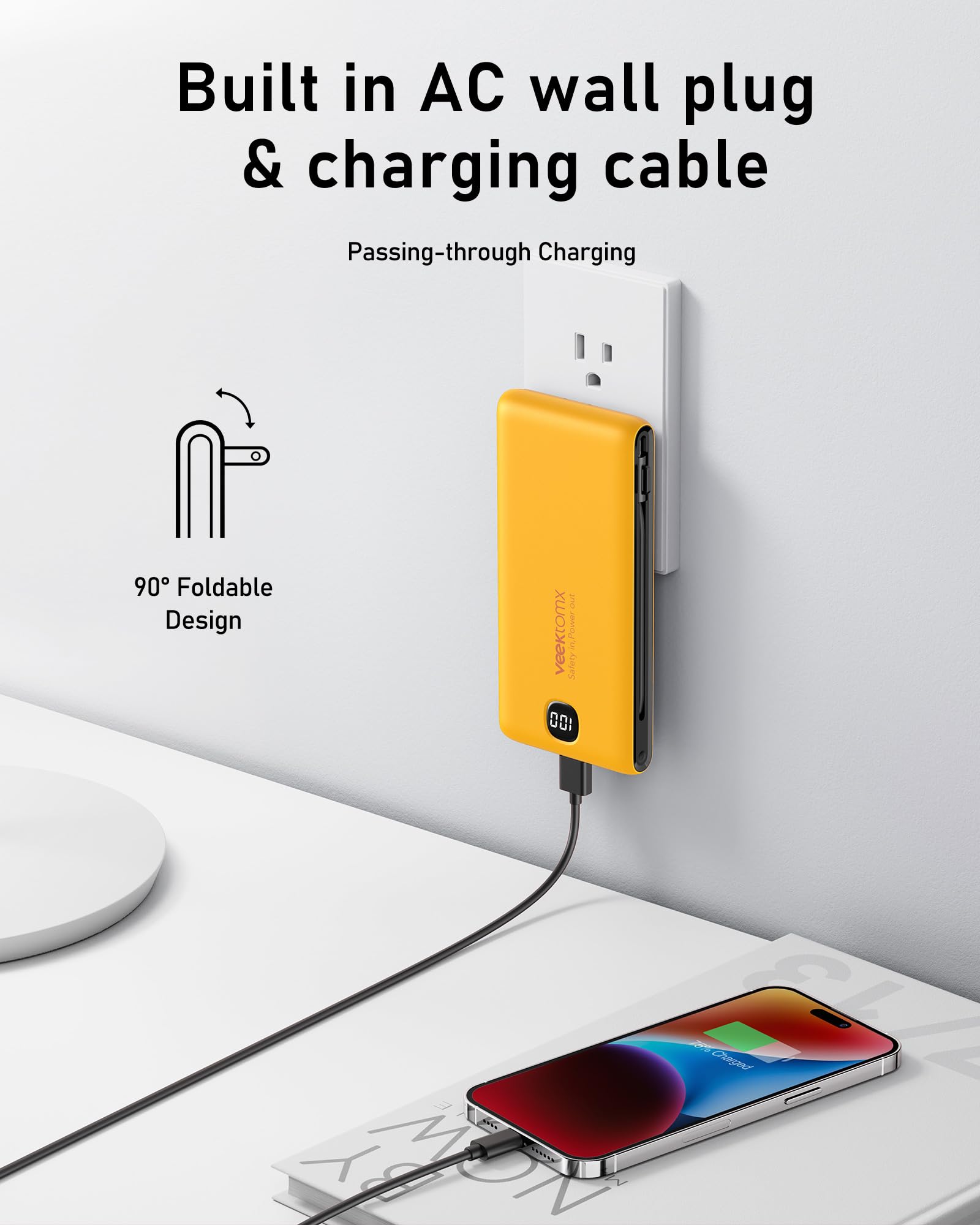VEEKTOMX 10000mAh Portable Charger with Built-in Cables & Wall Plug view 3