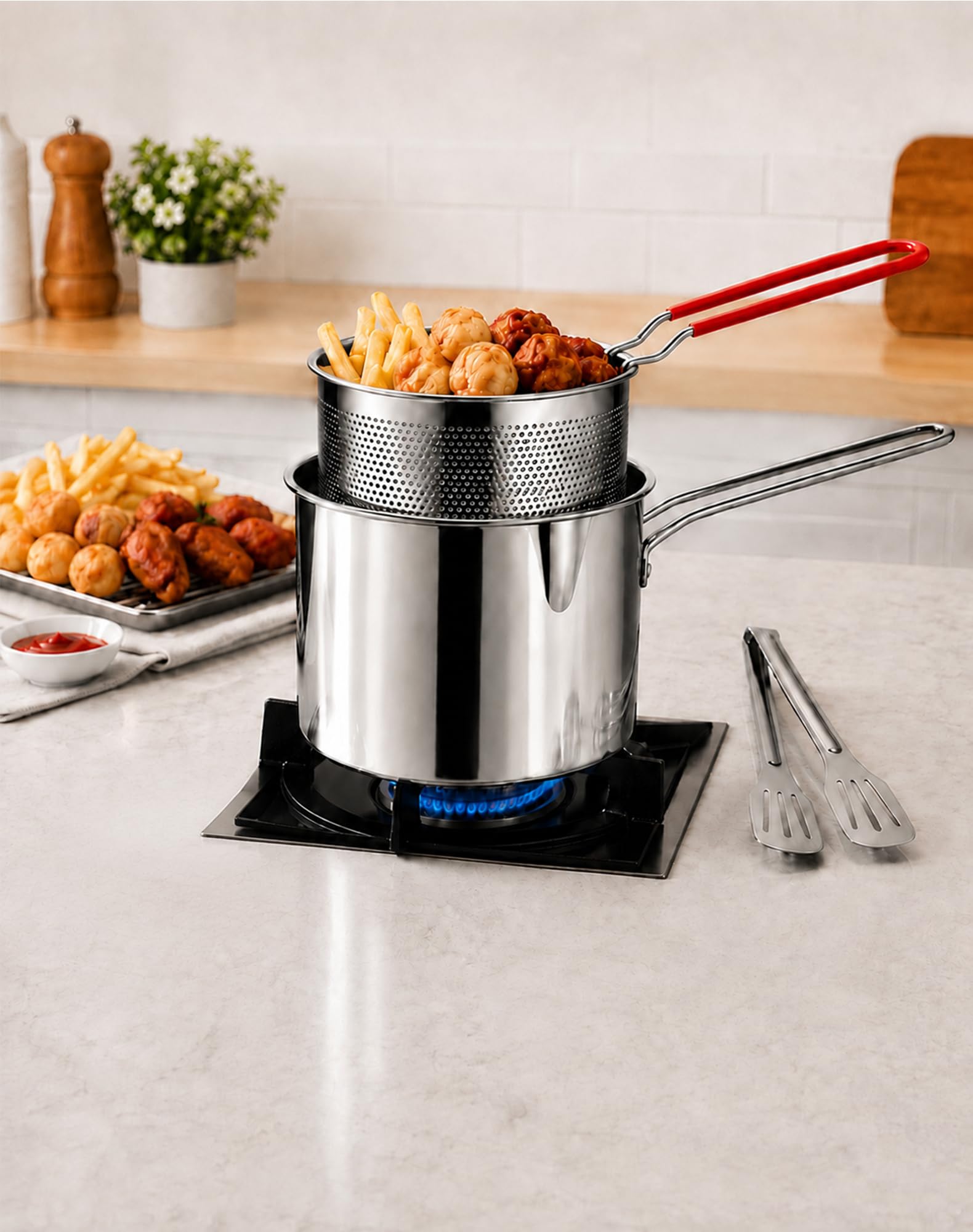 304 Stainless Steel Mini Deep Fryer Pot with Oil Strainer Basket，3pcs