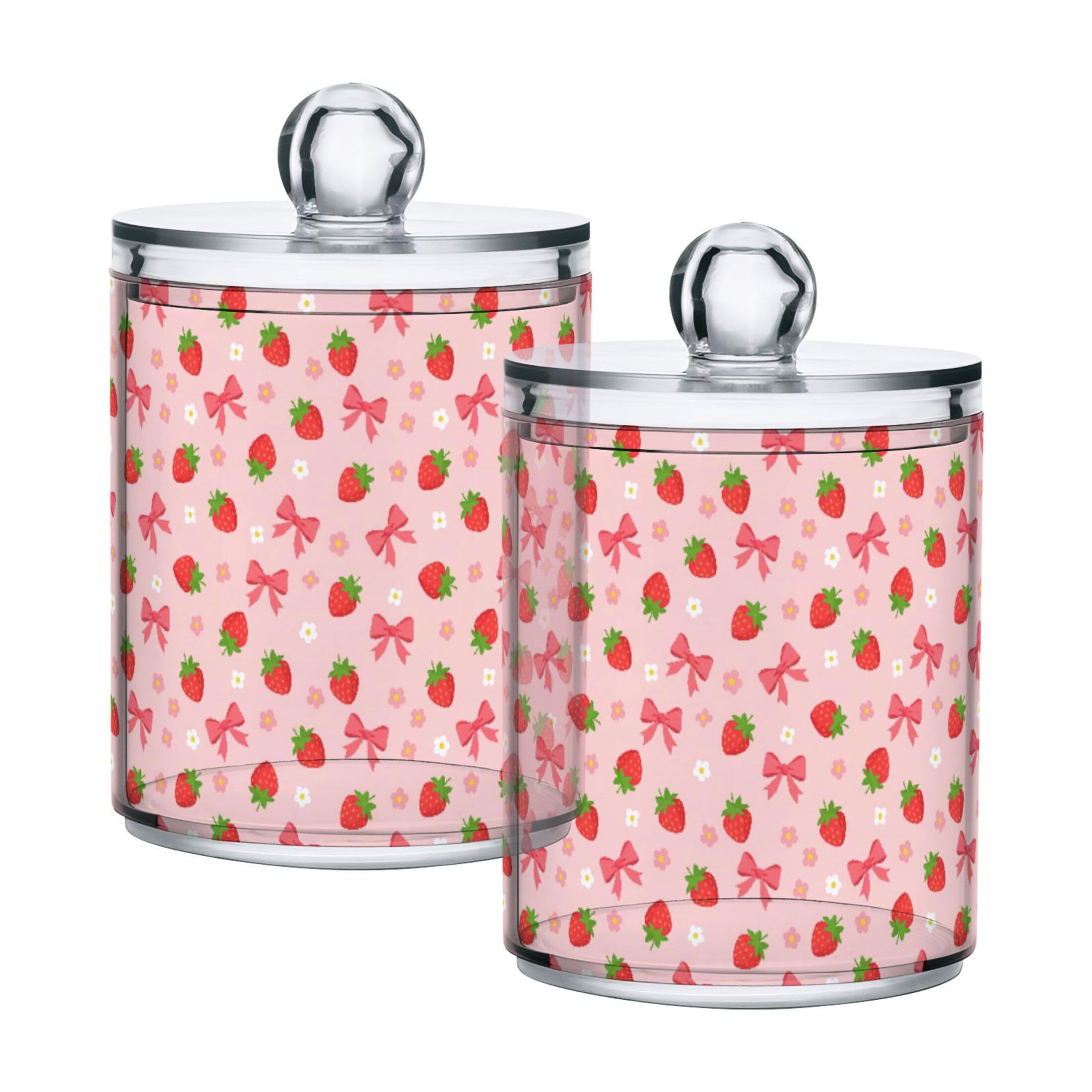 Fuauuyl Strawberry Qtip Holder Dispenser 2 Pack Plastic Apothecary Jar Storage Organization Bathroom Vanity Makeup Storage Organization for Cotton Ball Swab Pad