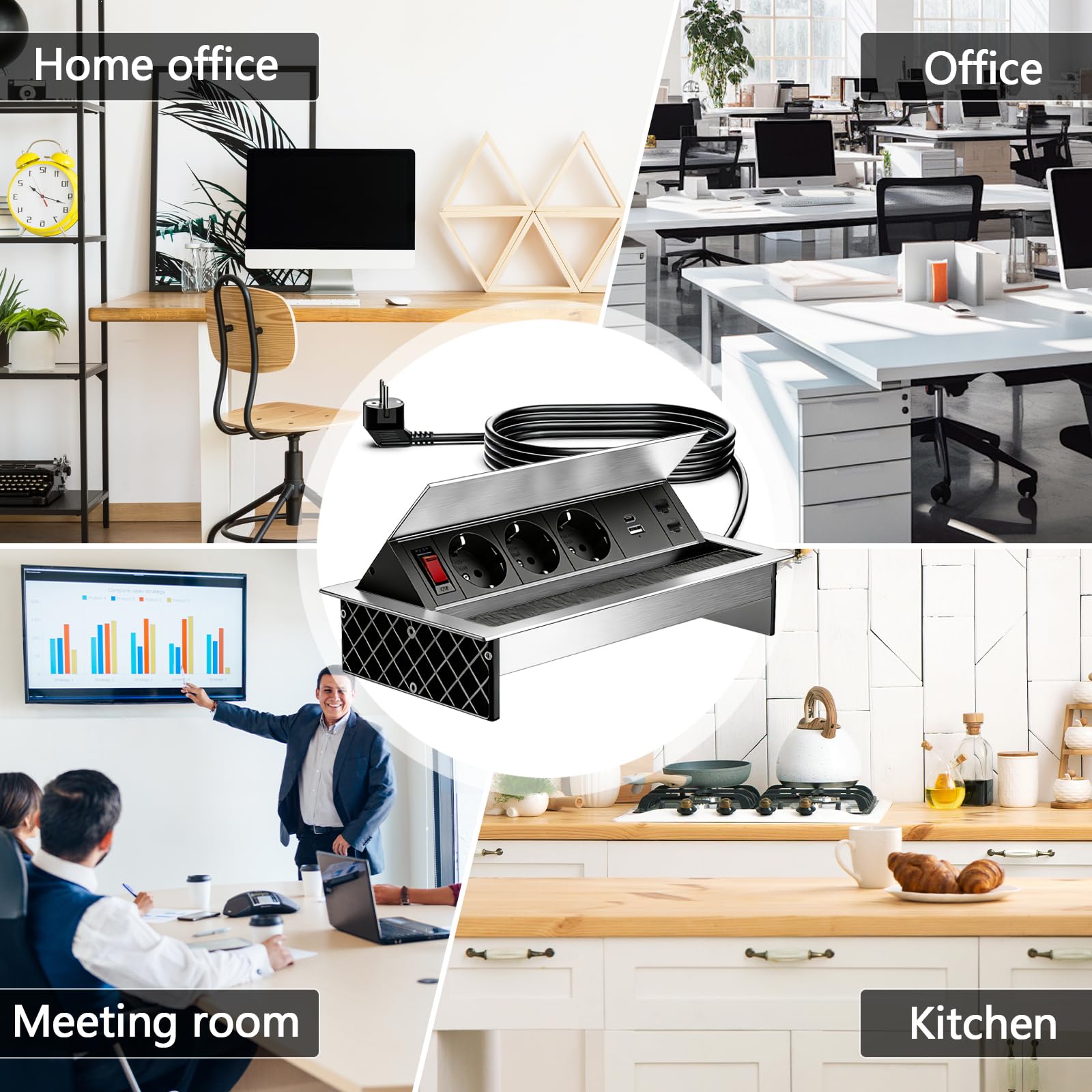 Enchufe Empotrable de Aluminio de 3 Enchufes con Tipo C, USB y 2 CAT6, Regleta Retráctil con Interruptor Ángulo Ajustable para Cocina, Escritorio y Oficina, Cable de 1,8M